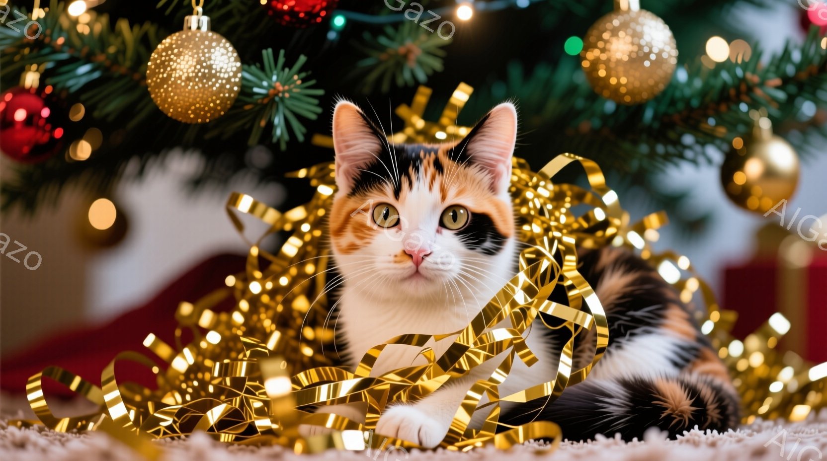 白、黒、オレンジ色のまだら模様の猫が、クリスマスツリーの足元にある金色のリボンに囲まれて横たわっています。猫は前足を伸ばし、リボンの中に少し埋まっているように見え、リラックスした表情でカメラを見つめて - AI生成フリー素材