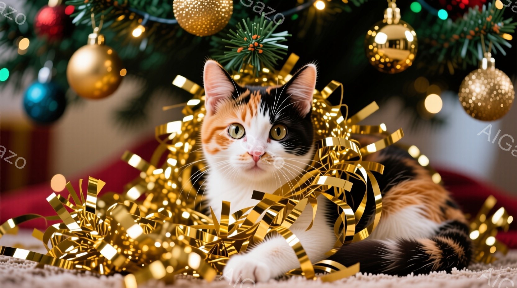白、黒、オレンジのまだら模様の猫が、きらめく金色のガーランドに埋もれて横たわっています。猫は前足を伸ばし、少し上目遣いでカメラを見つめており、穏やかでリラックスした表情をしています。背景にはクリスマスツリーの飾りと光があり、全体的に暖かく、お祝いムードに満ちた雰囲気です。