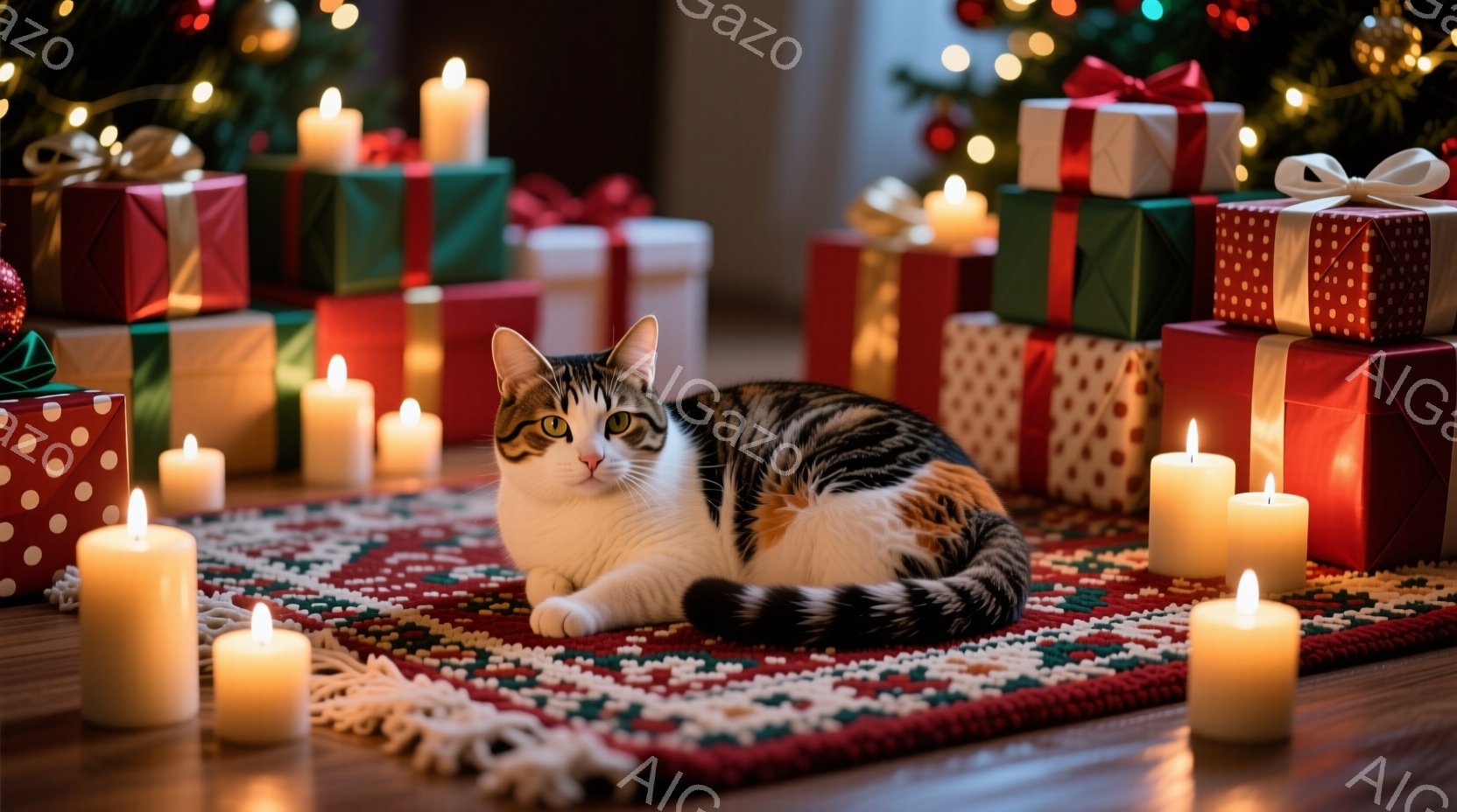 白と茶色の斑点模様の猫が、赤い縁取りのある色とりどりの敷物の上に丸まって横たわっています。周囲には、様々な色の包装紙で包まれたクリスマスプレゼントと、灯された白いキャンドルが置かれ、暖かく穏やかな雰囲 - AI生成フリー素材