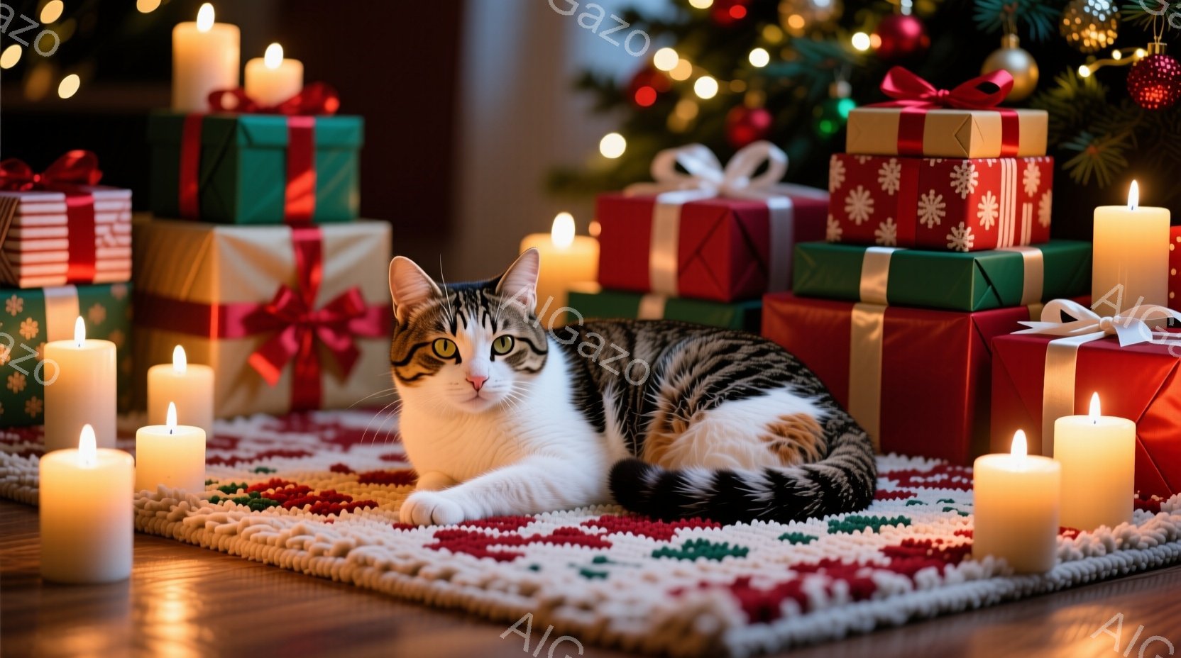 白と茶色の縞模様の猫が、赤い模様の敷物の上で横たわっています。猫の周りには、様々な色のラッピングペーパーで包まれたプレゼントの山と、点灯したキャンドルが置かれ、暖かくお祝いの雰囲気を醸し出しています。 - AI生成フリー素材