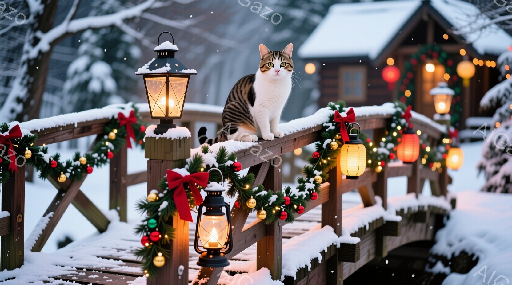 雪が降り積もる中、装飾された橋の上に白と茶色の縞模様の猫が座っています。橋にはクリスマスツリーの飾りが施され、赤いリボンと金色のボールが輝き、暖色のランタンが雪景色を照らしています。背景には雪に覆われ - AI生成フリー素材