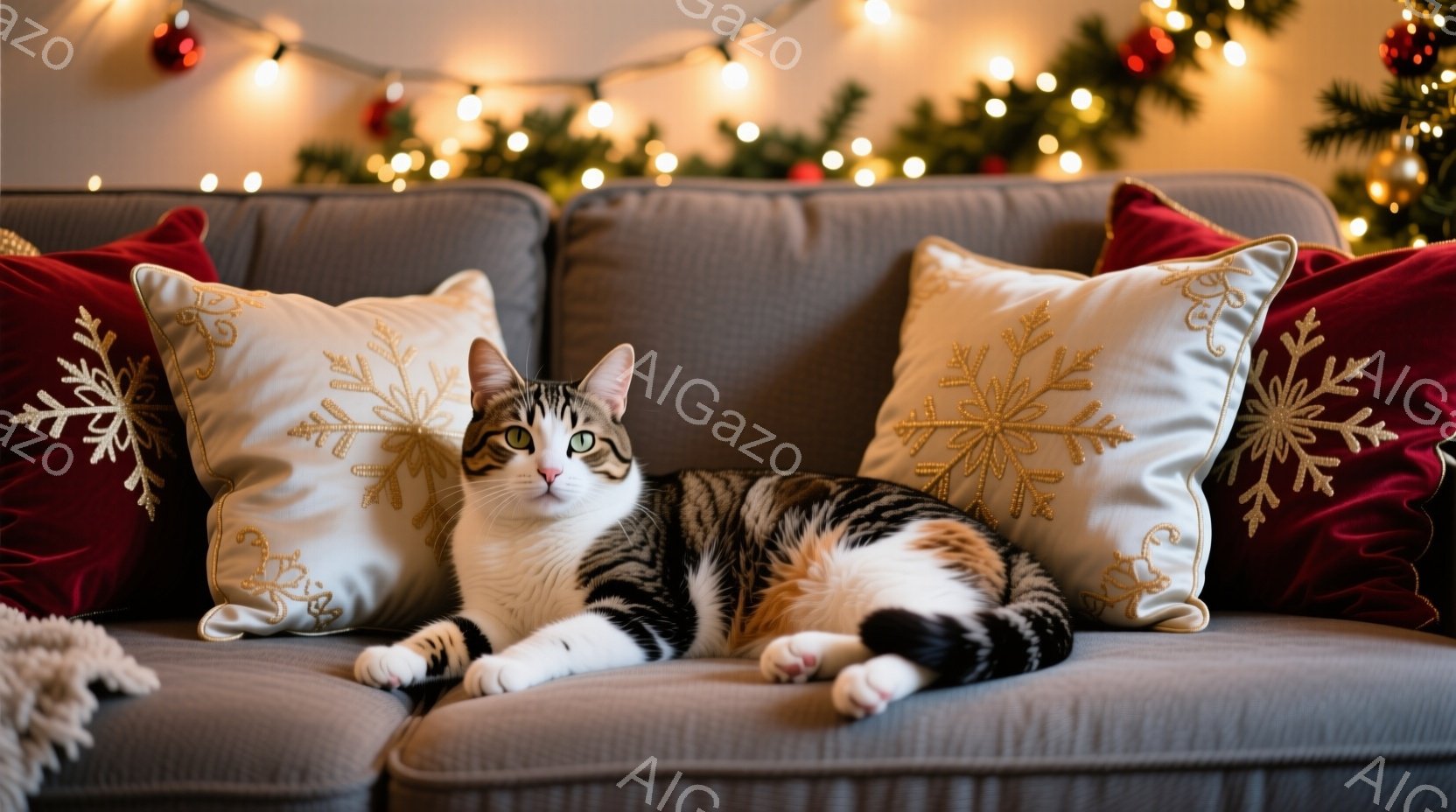 白と茶色のまだら模様の猫が、灰色のソファに横たわっています。背後には赤い枕と白い雪の結晶模様の枕が置かれ、ぼやけたクリスマスツリーと電飾が暖かく心地よい雰囲気を醸し出しています。猫はリラックスした様子 - AI生成フリー素材
