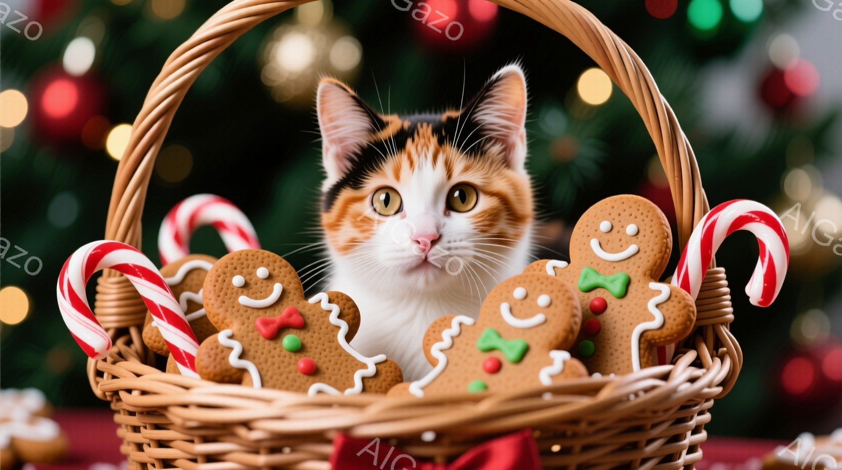 籐で編まれたバスケットの中に、ジンジャーブレッドマンとペパーミントキャンディが敷き詰められ、その中にオレンジと白の毛並みの猫が顔を覗かせています。猫は好奇心と遊び心のある表情で、穏やかな視線をカメラに向けています。背景にはぼやけたクリスマスツリーの光が輝き、温かく、お祝いの雰囲気を醸し出しています。