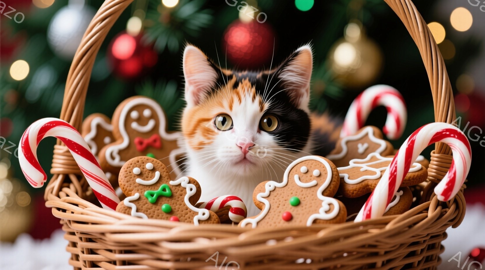 白地に茶色と黒の模様が入った子猫が、クリスマスらしい籐の籠の中にいます。籠の中には、ジンジャーブレッドマンやペパーミントキャンディが敷き詰められており、子猫は好奇心旺盛な表情でカメラを見ています。背景にはぼやけたクリスマスツリーの飾りが見え、全体的に温かく、お祝いの雰囲気が漂っています。