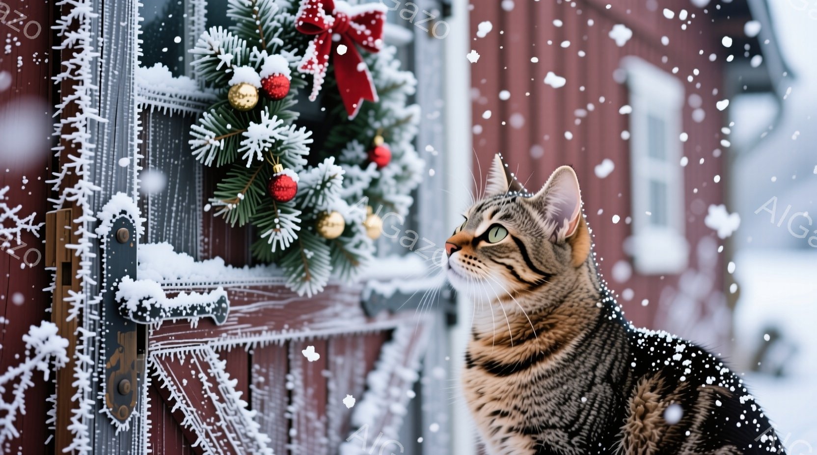 雪が降り積もる赤い木のフェンスのそばで、茶トラの猫が何かを見上げています。猫の毛並みは美しく、雪が少し積もっており、目は輝いています。背景には雪景色が広がり、クリスマスの飾り付けが施されたフェンスが、 - AI生成フリー素材