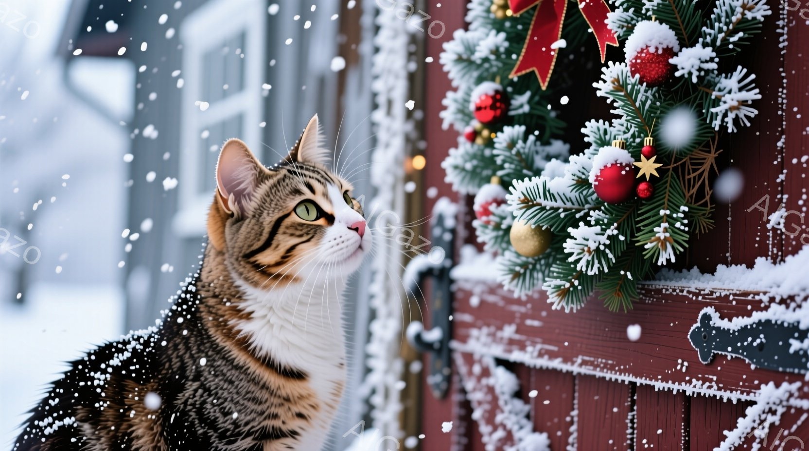 白と茶色の縞模様の猫が、雪が降る赤いドアのそばで上を見ている。ドアにはクリスマスリースが飾られており、雪が降り積もって冬の雰囲気を高めている。背景には雪景色が広がり、静かで穏やかな季節の様子が伝わって - AI生成フリー素材