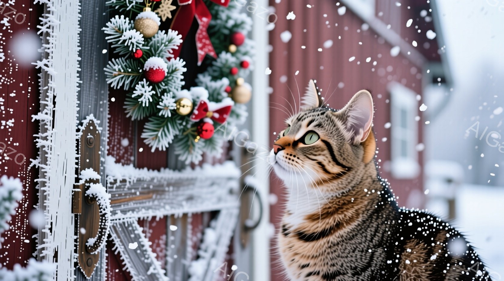縞模様の猫が赤い木製の壁にかかったクリスマスリースを見上げています。雪が降り積もり、猫の毛並みや壁に白い覆いができており、冬の穏やかな雰囲気を醸し出しています。背景はぼやけていますが、雪景色の中に暖か - AI生成フリー素材
