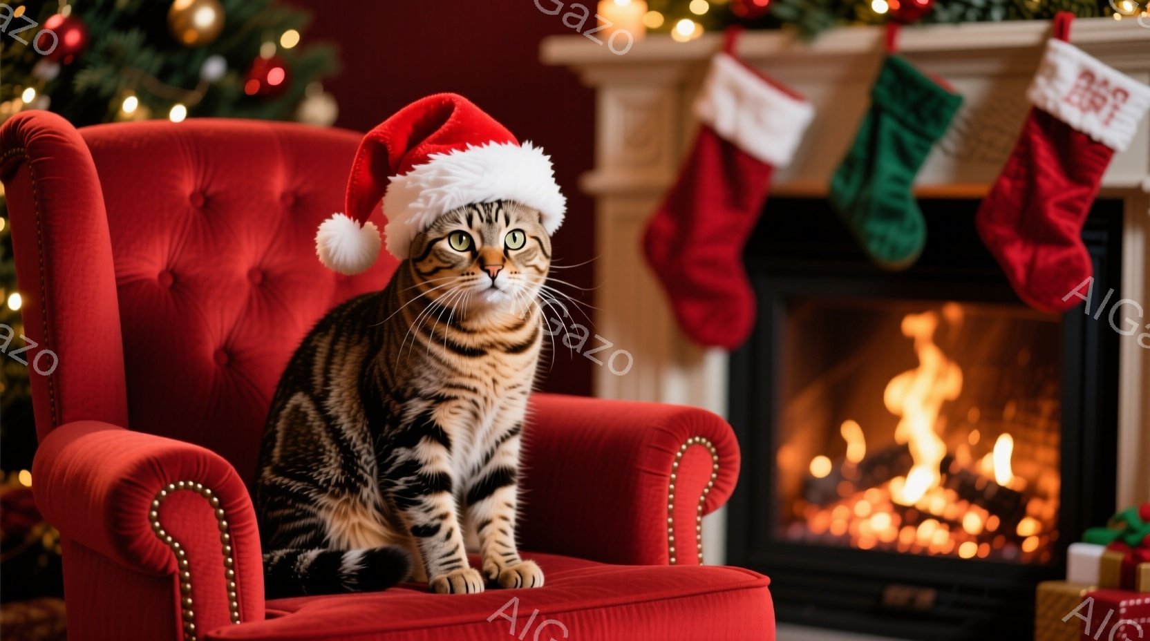 縞模様の猫が赤い肘掛け椅子に座っており、頭にはサンタクロースの帽子をかぶっています。背景には暖炉があり、炎が燃え盛っているのが見え、クリスマスソックスが暖炉の棚に飾られています。全体的に暖かく、お祝い - AI生成フリー素材