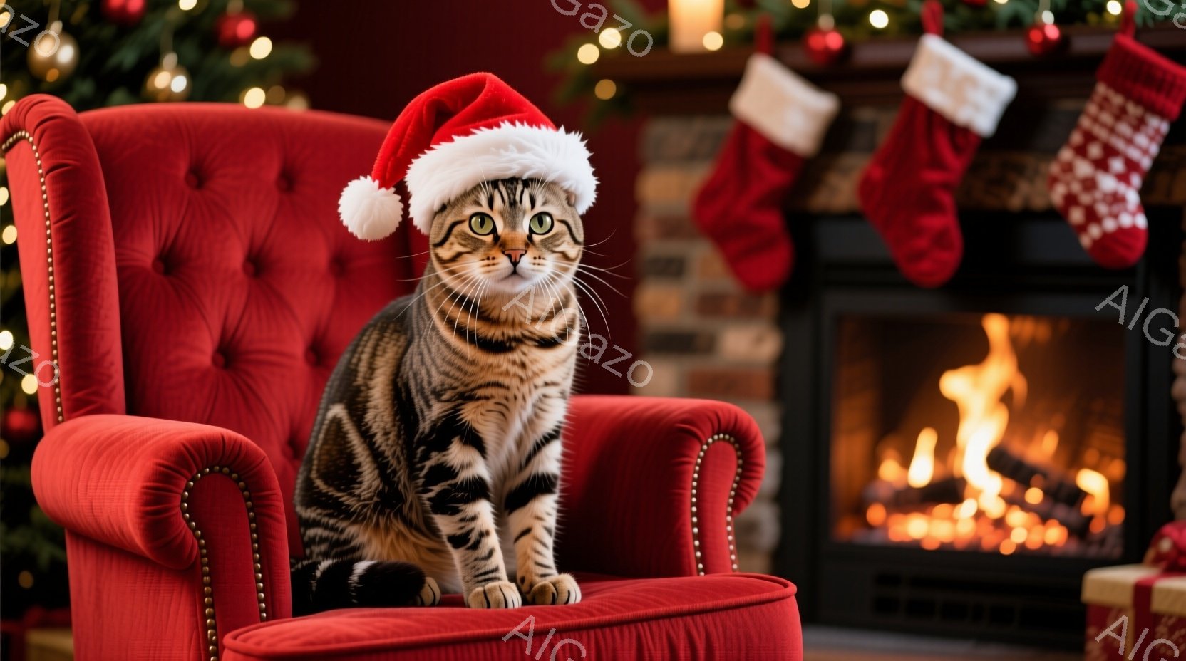 茶色の縞模様の猫が、赤いベルベットの肘掛け椅子に座り、サンタ帽をかぶっています。猫は正面を見て、少し微笑んでいるような表情をしています。背景には、暖炉の炎、クリスマスストッキング、そしてぼんやりとした - AI生成フリー素材