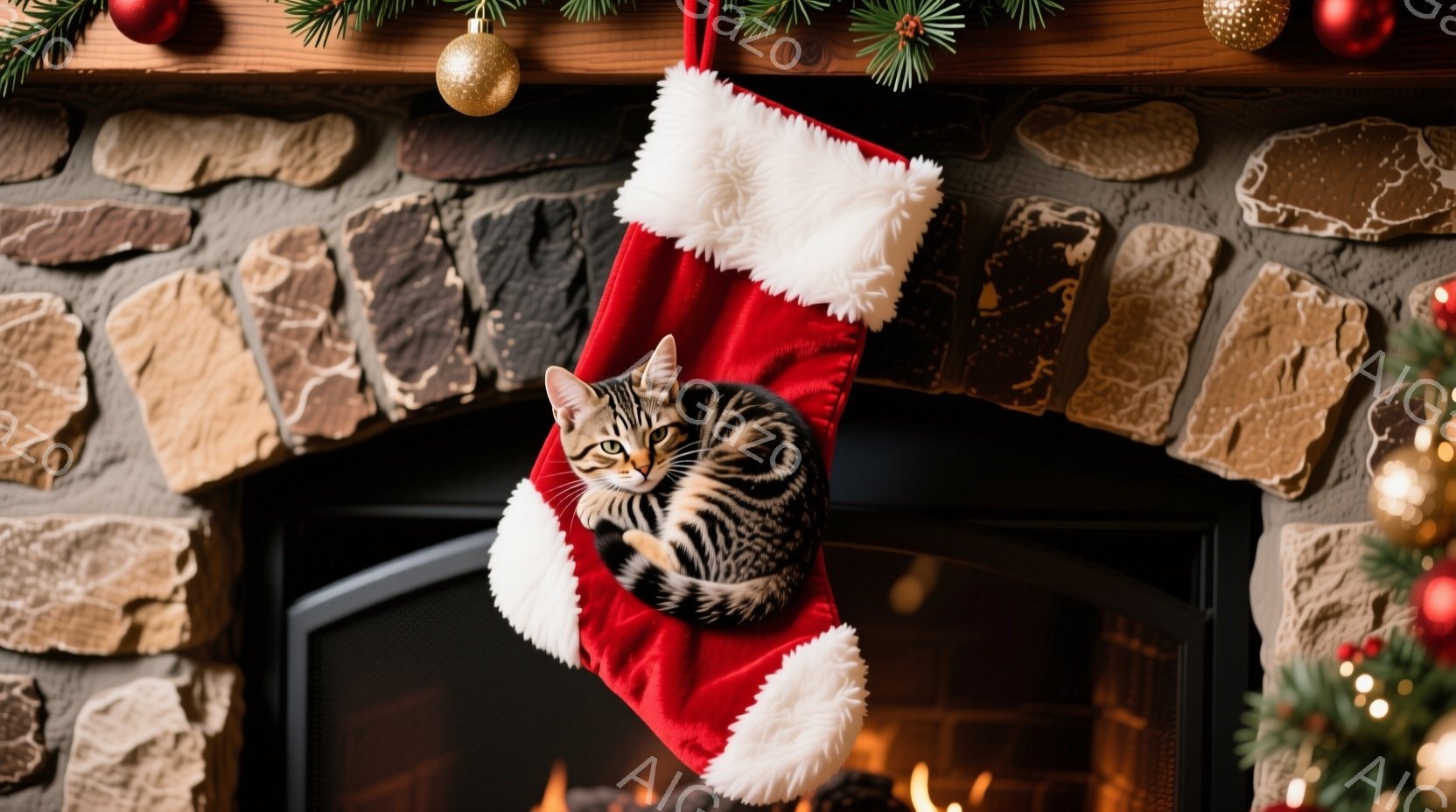 赤いクリスマスストッキングの中に、縞模様の猫が丸まって座っています。ストッキングは白い毛皮で縁取られており、背景にはレンガの暖炉と、赤いオーナメントが飾られたクリスマスツリーが見えます。暖炉の火が暖か - AI生成フリー素材