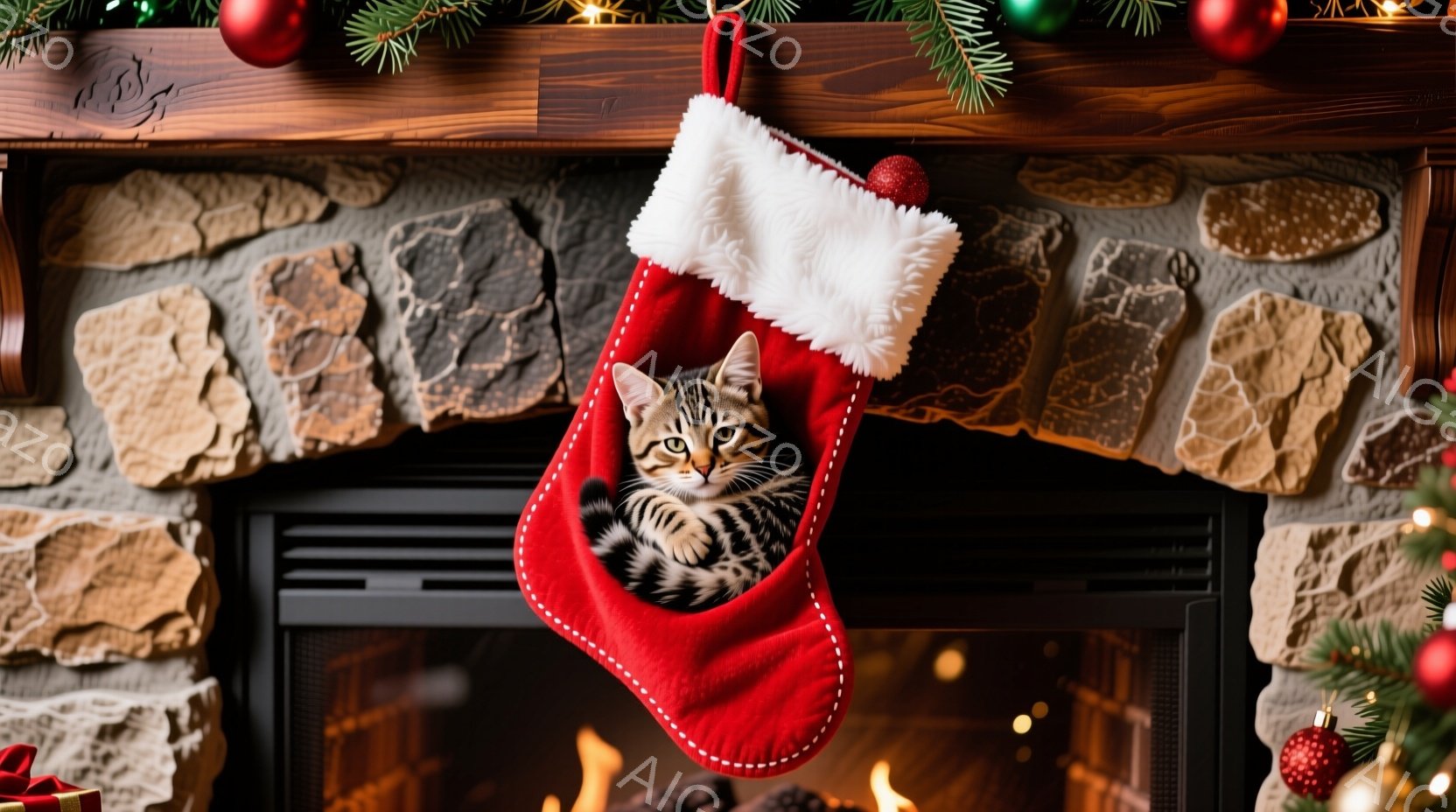 赤いクリスマスストッキングの中に、縞模様の子猫が丸まって座っています。背景にはレンガ造りの暖炉と、ぼんやりと見えるクリスマスツリーの飾りがあり、暖かく穏やかな雰囲気が漂っています。暖炉の炎が子猫と背景 - AI生成フリー素材