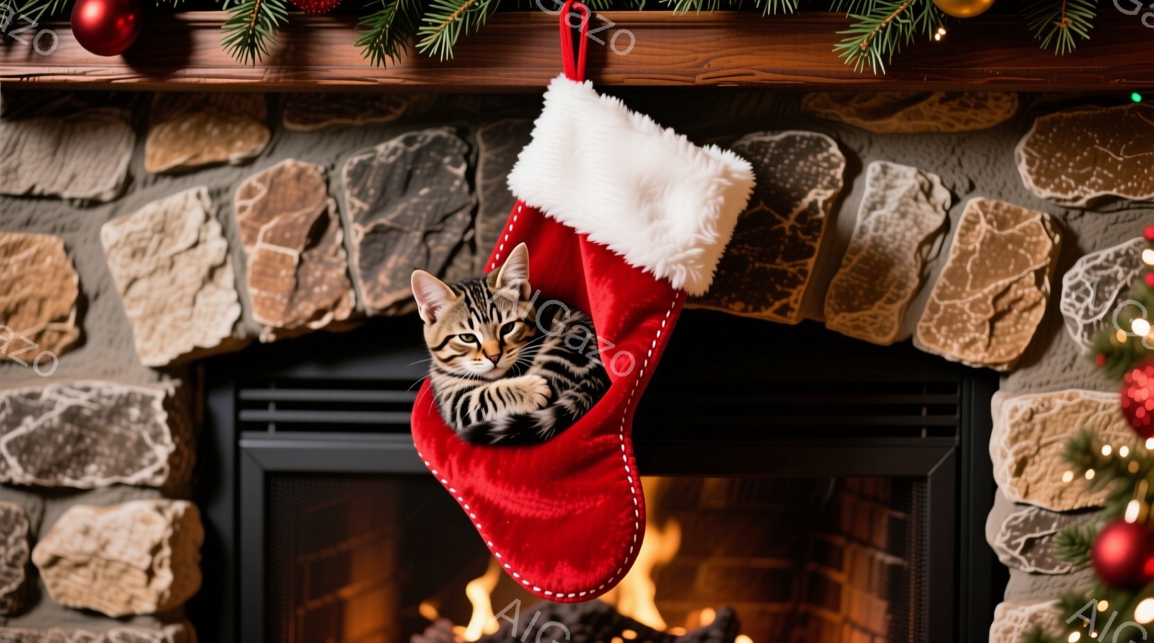 赤いクリスマスストッキングの中に、縞模様の小さな子猫が丸まって入っています。暖炉の石造りの壁の前で、子猫はリラックスした様子で、わずかに顔を出してこちらを見ています。背景には、暖炉の炎とクリスマスツリ - AI生成フリー素材