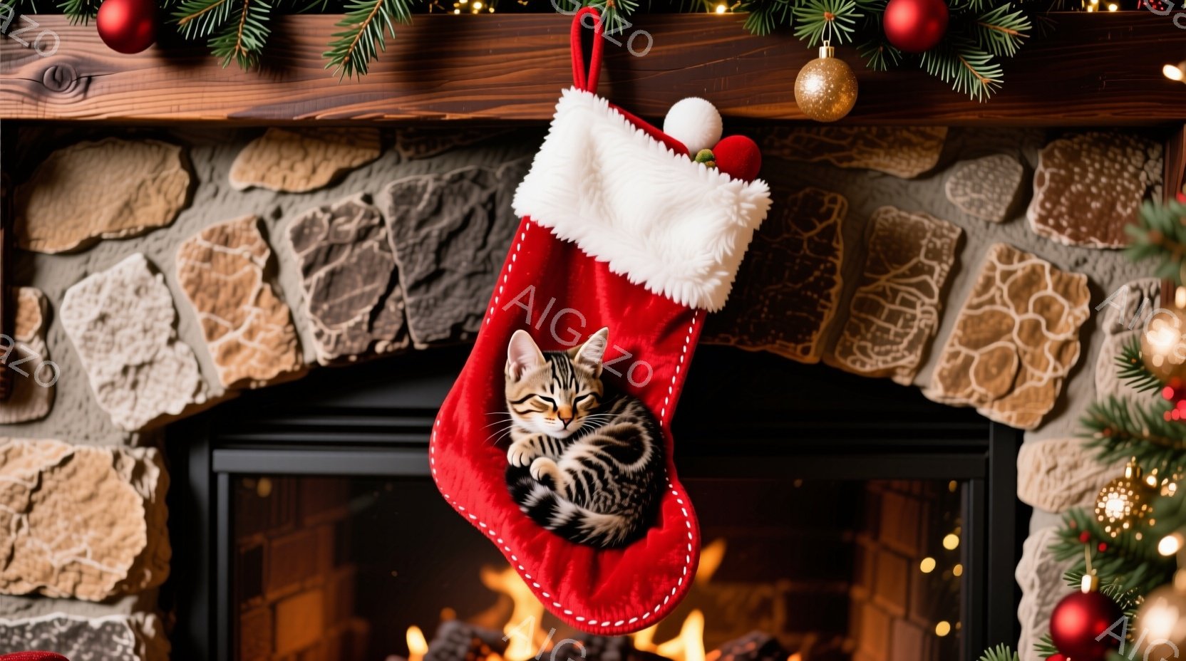 赤いクリスマスストッキングの中に、縞模様の小さな子猫が丸まって眠っています。背景には暖炉と石壁、そしてクリスマスツリーの飾りが映り込み、温かく居心地の良い雰囲気を醸し出しています。暖炉の火の光が子猫とストッキングを優しく照らし、クリスマスの季節らしさを強調しています。