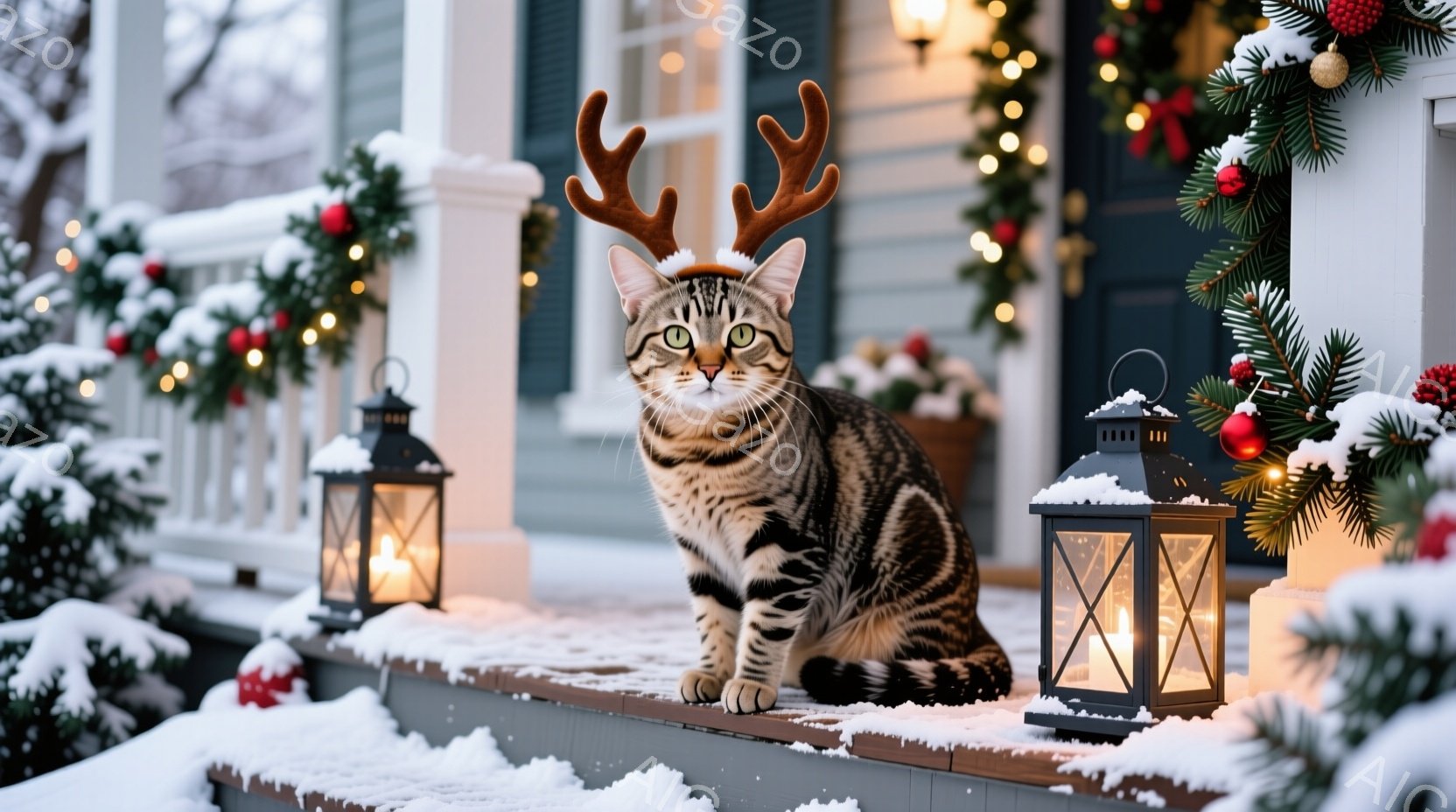 縞模様の猫が、クリスマスの飾り付けがされた家の外の階段に座っています。猫は角の形をした頭飾りをつけており、少し驚いたような表情をしています。背景には、クリスマスツリーや点灯されたランタンがあり、雪が降 - AI生成フリー素材