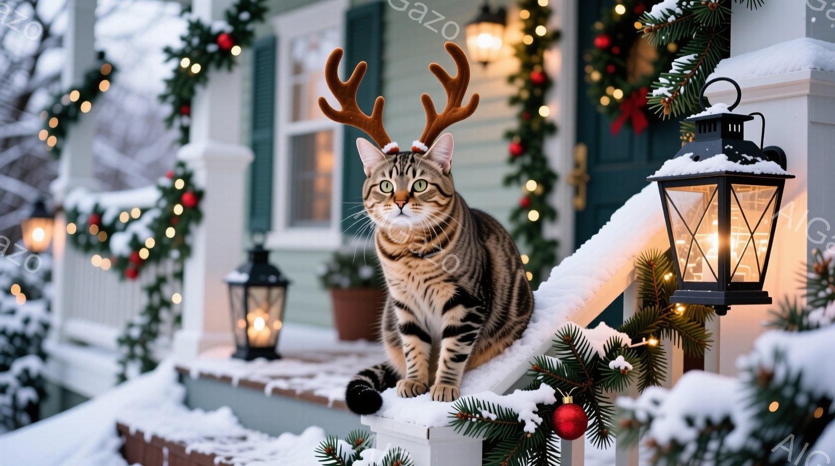 茶色のしま模様の猫が、クリスマスのトナカイの角を付けて、家の外の白い手すりの上に座っています。背景にはクリスマス装飾が施された家があり、雪が降って庭が白く覆われています。温かい光が灯るランタンが猫の隣 - AI生成フリー素材