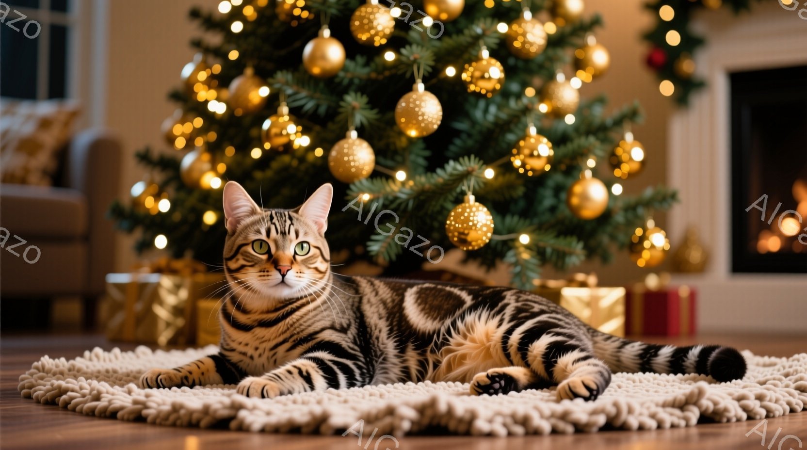 茶色の縞模様の猫が、ベージュ色の丸いラグの上に仰向けになってリラックスしています。背景には、金色のオーナメントで飾られたクリスマスツリーと、プレゼントボックスが見え、暖炉の光がほのかに照らしています。 - AI生成フリー素材