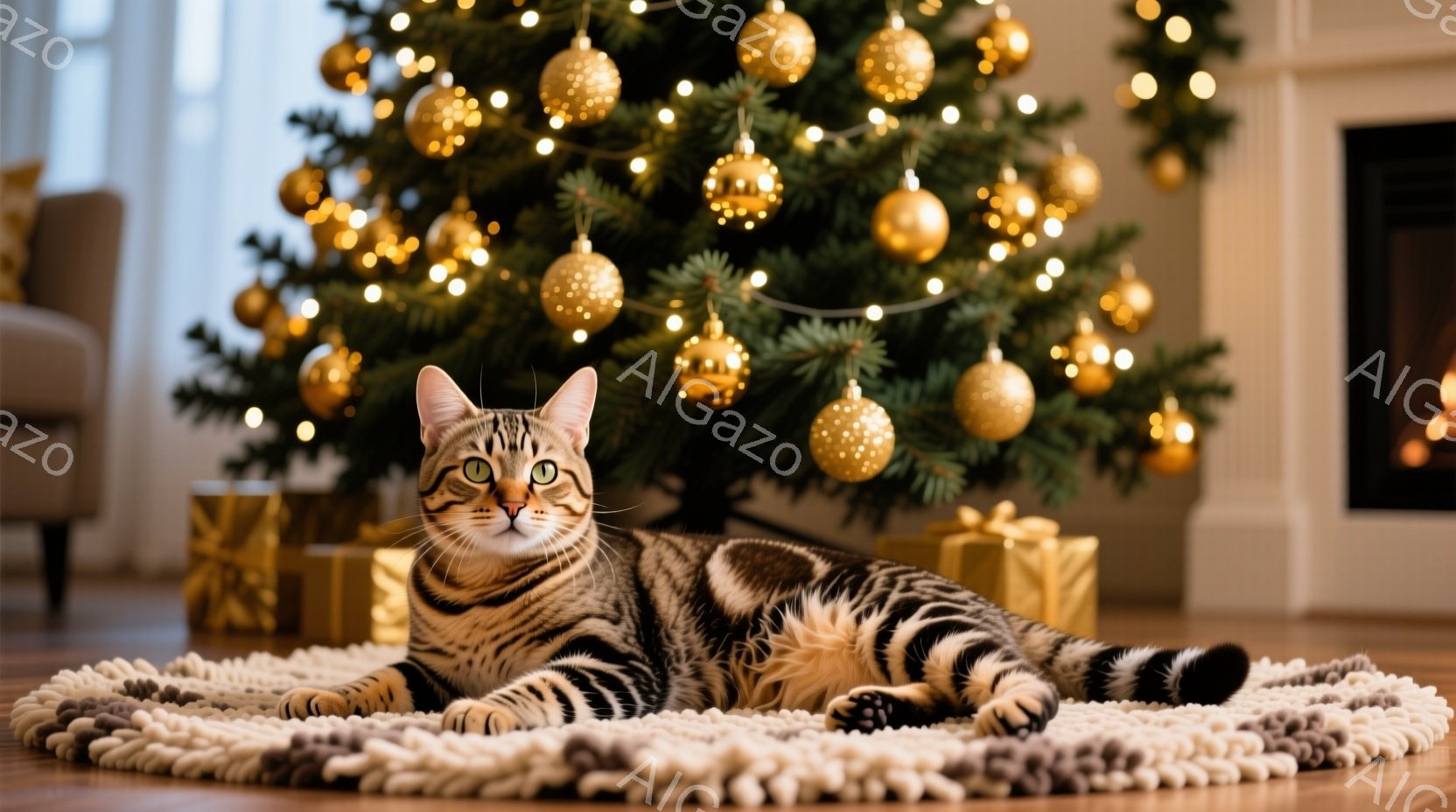 縞模様の猫が、丸い編み物のラグの上に横たわっています。背景には、金色のオーナメントで飾られたクリスマスツリーとプレゼントの箱が見え、暖炉の光がぼんやりと照らしています。全体的に、温かく、居心地の良い、 - AI生成フリー素材