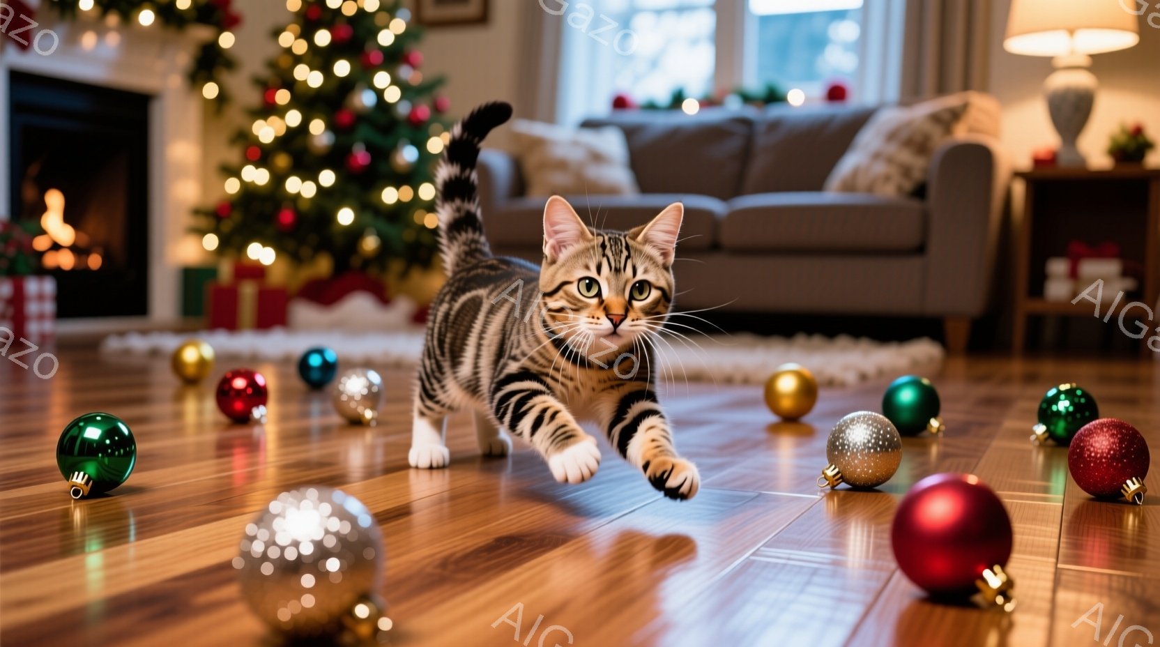 白と茶色の縞模様の猫が、クリスマスオーナメントが散らばる木の床の上を活発に歩いています。背景には、飾られたクリスマスツリーと、ぼんやりと見えるグレーのソファが見え、暖かく家庭的な雰囲気を醸し出していま - AI生成フリー素材