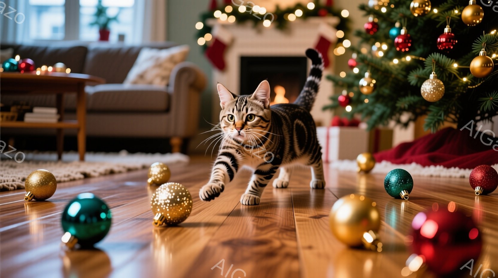 縞模様の猫が木の床の上を歩いており、周りには様々な色のクリスマスオーナメントが散らばっています。背景には、クリスマスツリー、暖炉、そしてベージュ色のソファが見え、温かみのある室内空間が広がっています。 - AI生成フリー素材