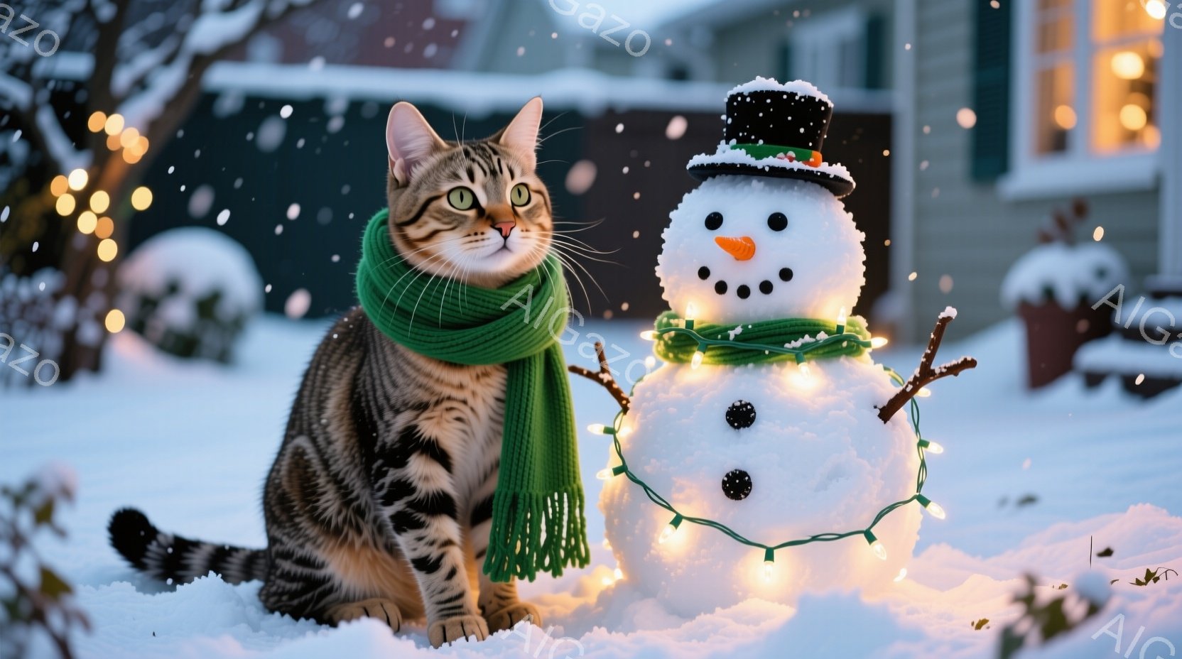 縞模様の猫が緑色のマフラーを巻いて雪の上に座っており、正面を見据え少し微笑んでいるように見えます。猫の隣には、キャロットノーズと石炭のような目と口を持つ雪だるまがあり、光る電飾で飾られています。背景に - AI生成フリー素材