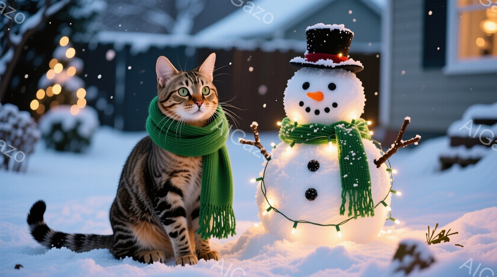 茶色の縞模様の猫が緑色のマフラーを巻き、雪の上に座っています。背景には、電飾で飾られた雪だるまと、ぼやけた家の外観が見え、雪が舞い散る冬の風景が広がっています。全体的に暖かく、心地よい雰囲気が漂い、猫 - AI生成フリー素材