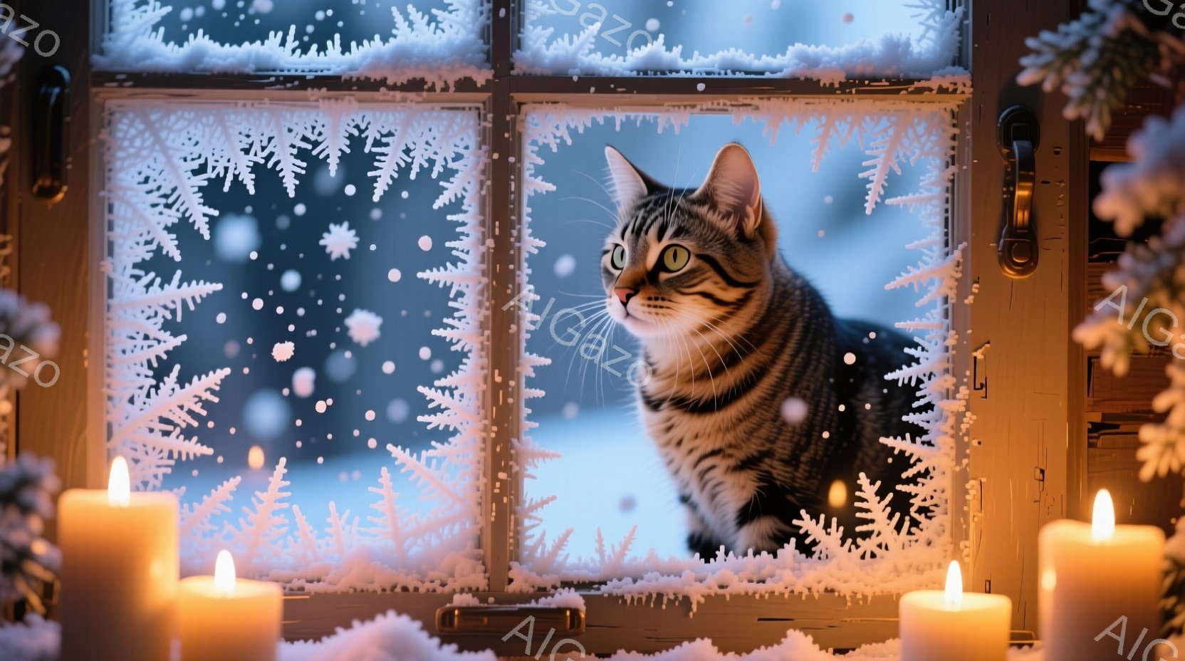 白い雪の結晶模様が施された窓枠の中に、縞模様の猫が外を眺めています。猫は少し下を見つめ、興味津々な表情を浮かべており、冬の雪景色が背景に見えます。窓の左右には火が灯ったキャンドルが置かれ、温かく穏やか - AI生成フリー素材