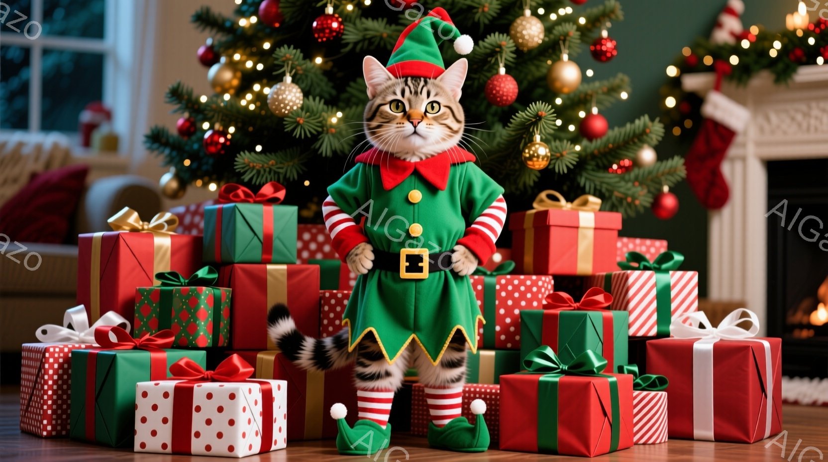 茶色の縞模様の猫が、緑色のエルフの衣装を着てプレゼントの山の中に立っています。エルフの衣装は帽子、ストライプの袖と脚、そして緑色の靴で構成されています。背景にはクリスマスツリー、暖炉、そしてカラフルな - AI生成フリー素材