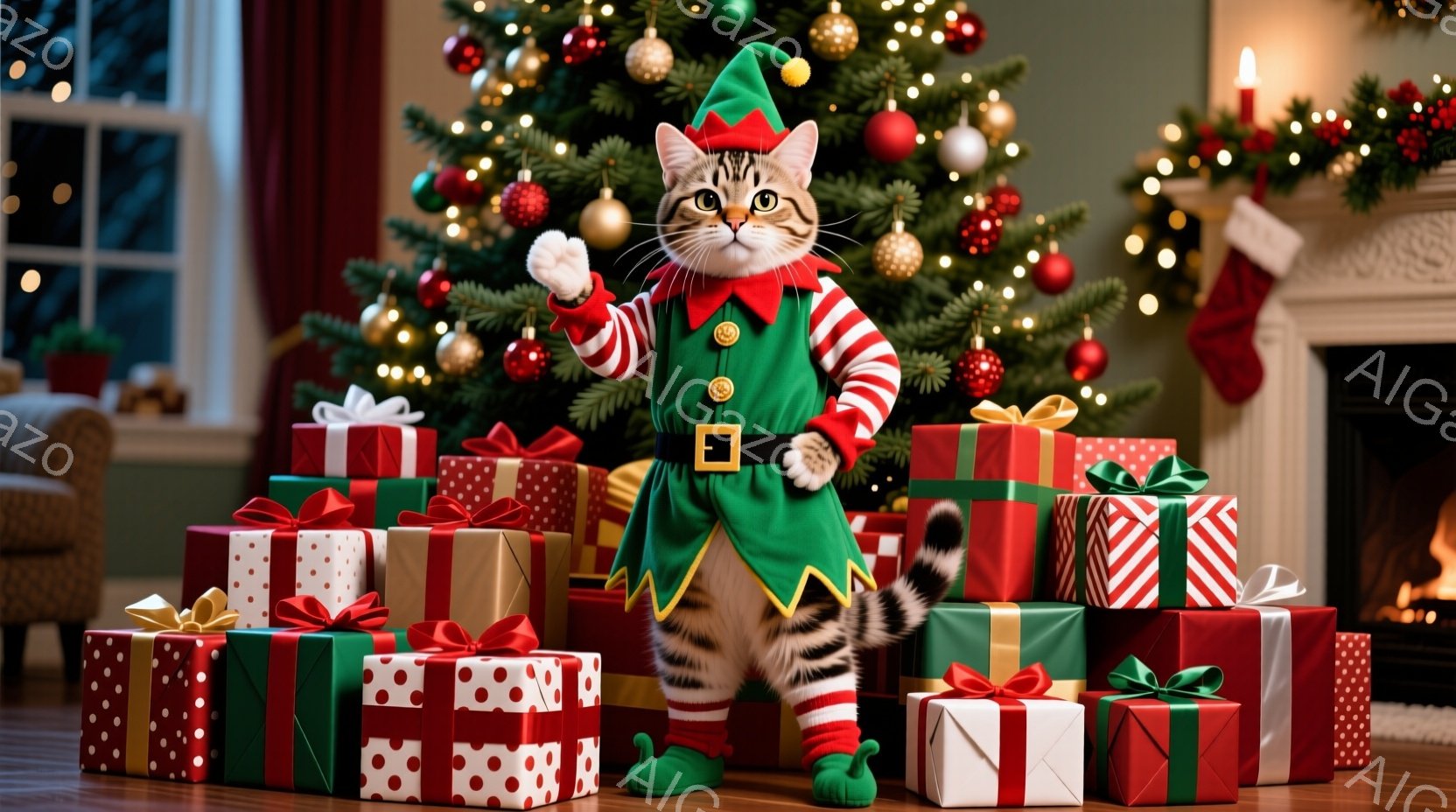 縞模様の猫が緑色のエルフの衣装を着て、プレゼントの山に囲まれて立っています。猫は片手を高く上げ、勝利を祝うようなポーズをとり、その表情は喜びで満ちています。背景には、クリスマスツリー、暖炉、そして装飾 - AI生成フリー素材