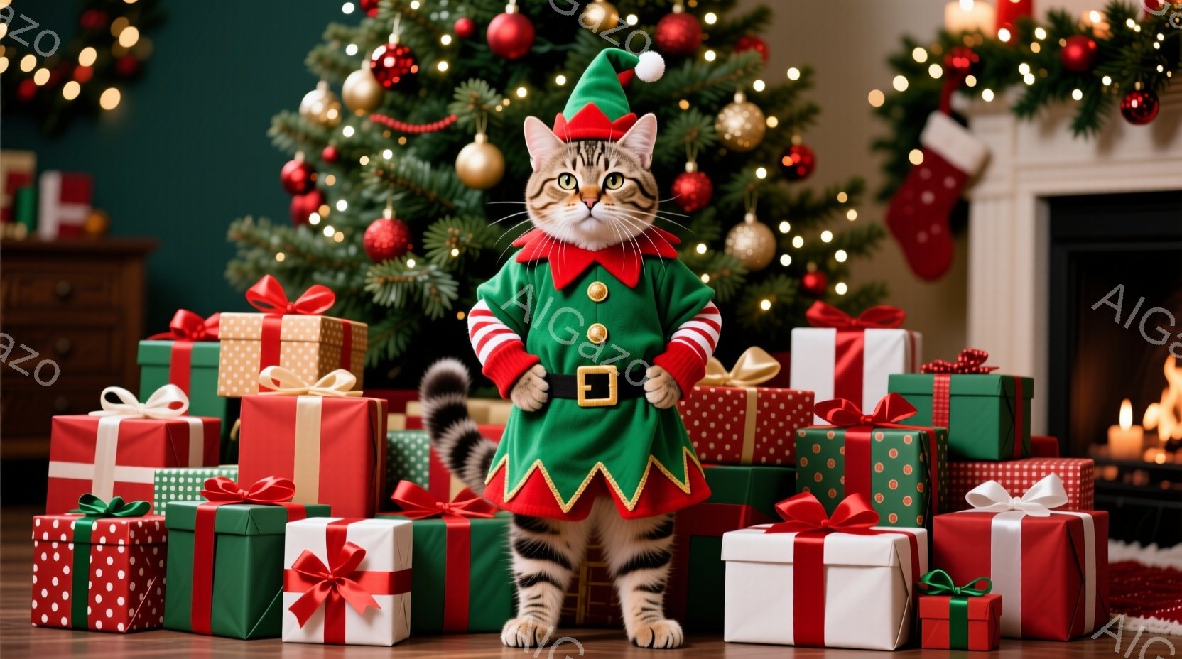 縞模様の猫が緑色のエルフの衣装を着て、プレゼントの山の中に立っています。エルフの衣装は、赤い縁取りと金のベルトが特徴で、猫の可愛らしさを引き立てています。背景にはクリスマスツリーや暖炉があり、暖かくお - AI生成フリー素材