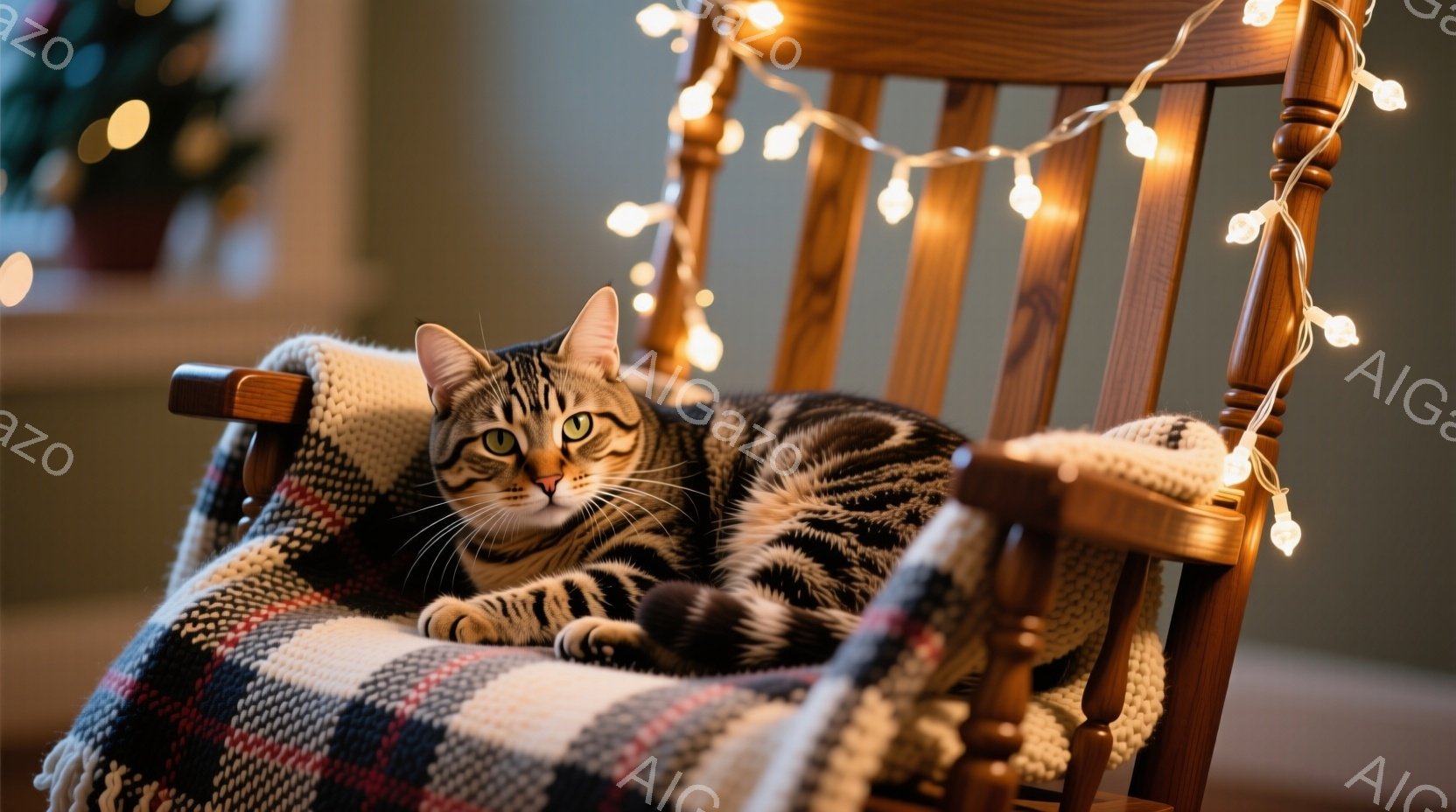 縞模様の猫が揺り椅子に横たわっており、リラックスした表情をしています。椅子にはチェック柄の毛布が掛けられており、背景にはぼやけたクリスマスツリーと、暖かく柔らかな光を放つ電飾が見えます。全体的に、温かく心地よい、冬の休日の雰囲気を醸し出しています。