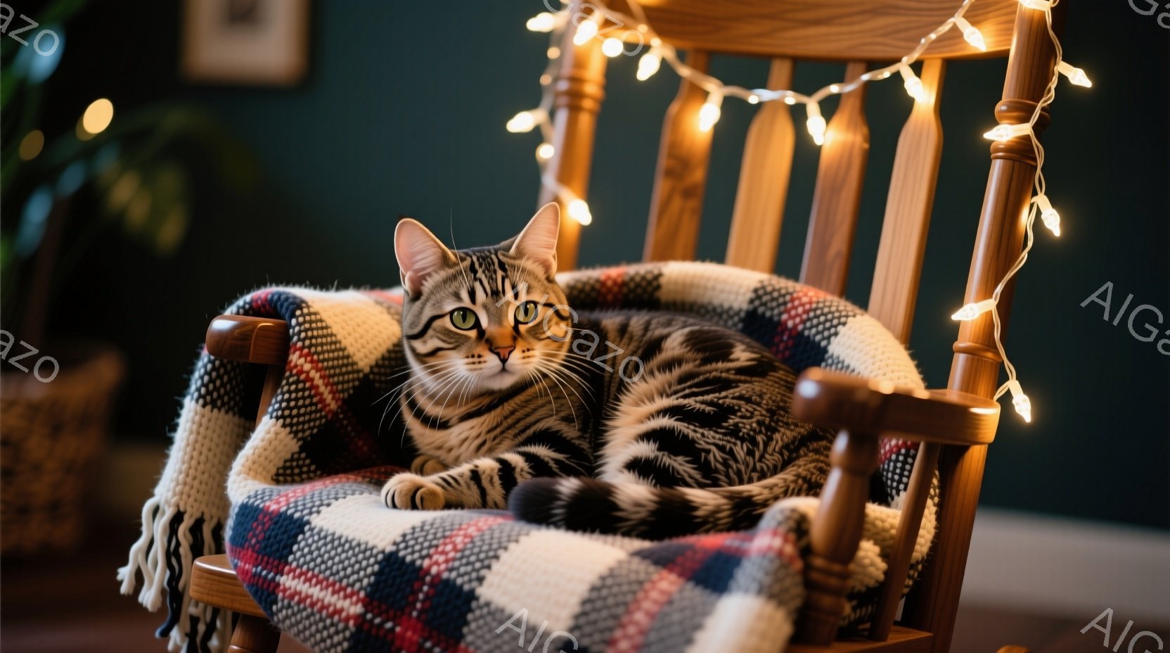 縞模様の猫が、チェック柄の毛布が敷かれたロッキングチェアにゆったりと横たわっています。猫はリラックスした表情で、正面を見ています。背景には、少しぼやけた植物と、温かみのある光が灯った装飾が写っており、 - AI生成フリー素材