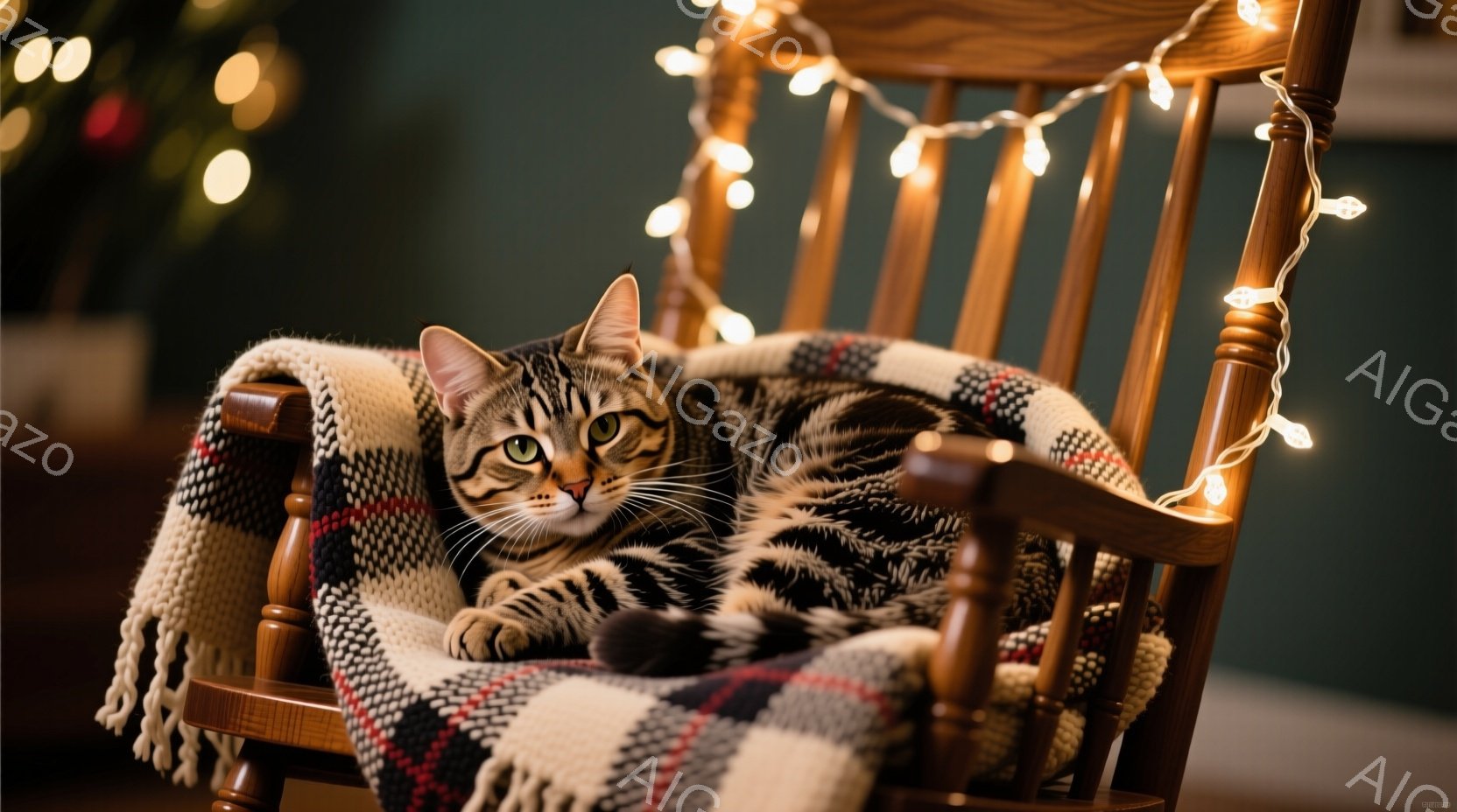 縞模様の猫が、チェック柄のブランケットに包まれてロッキングチェアに横たわっています。猫はリラックスした表情で、カメラの方を見ています。背景には暗緑色の壁と、ぼんやりとしたクリスマスツリー、そして温かい - AI生成フリー素材