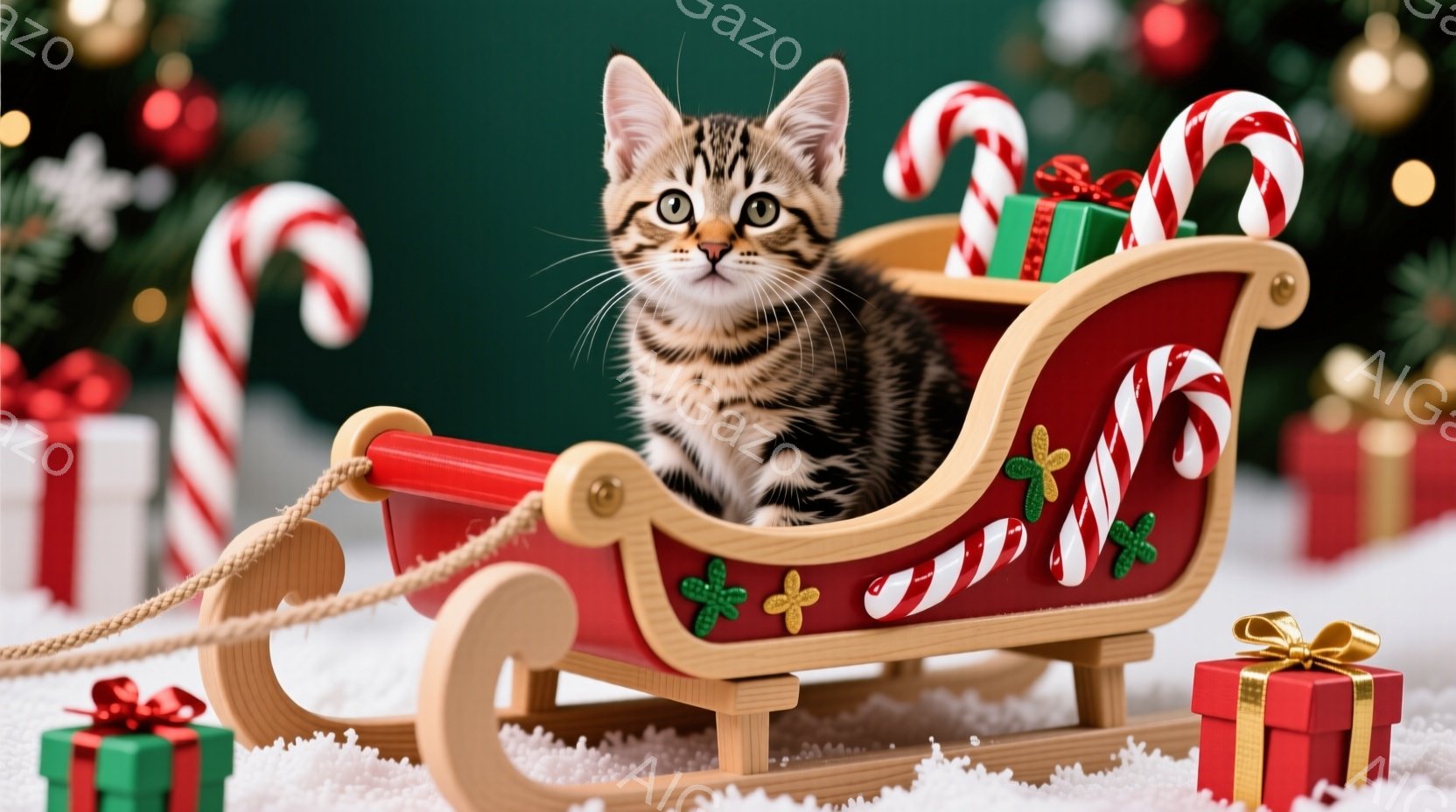 小さな縞模様の猫が赤いそりに座り、プレゼントの箱に囲まれています。猫は前を向き、興味津々な表情でこちらを見ています。背景には、クリスマスツリーやキャンディケーン、雪が敷かれた地面が見え、温かくお祝いム - AI生成フリー素材