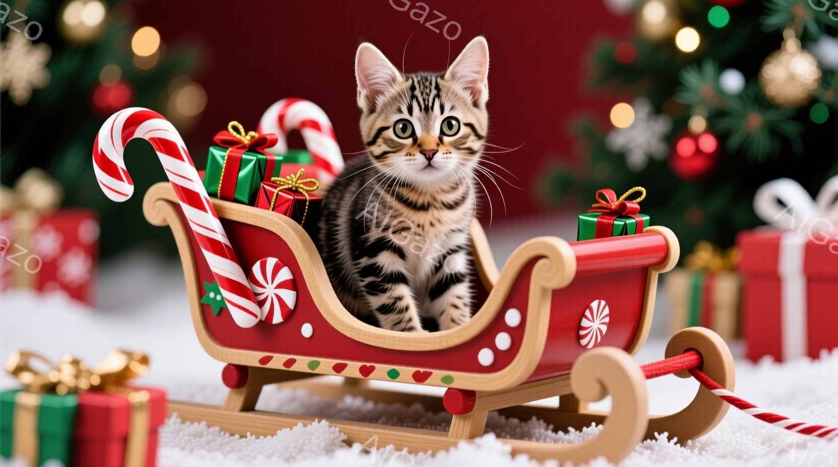 白い雪の上に赤いそりが置かれ、その中に縞模様の可愛らしい子猫が座っています。 そりの周りには、緑と赤のリボンで飾られたプレゼントボックスがいくつか散らばっており、キャンディケーンも置かれています。 背 - AI生成フリー素材