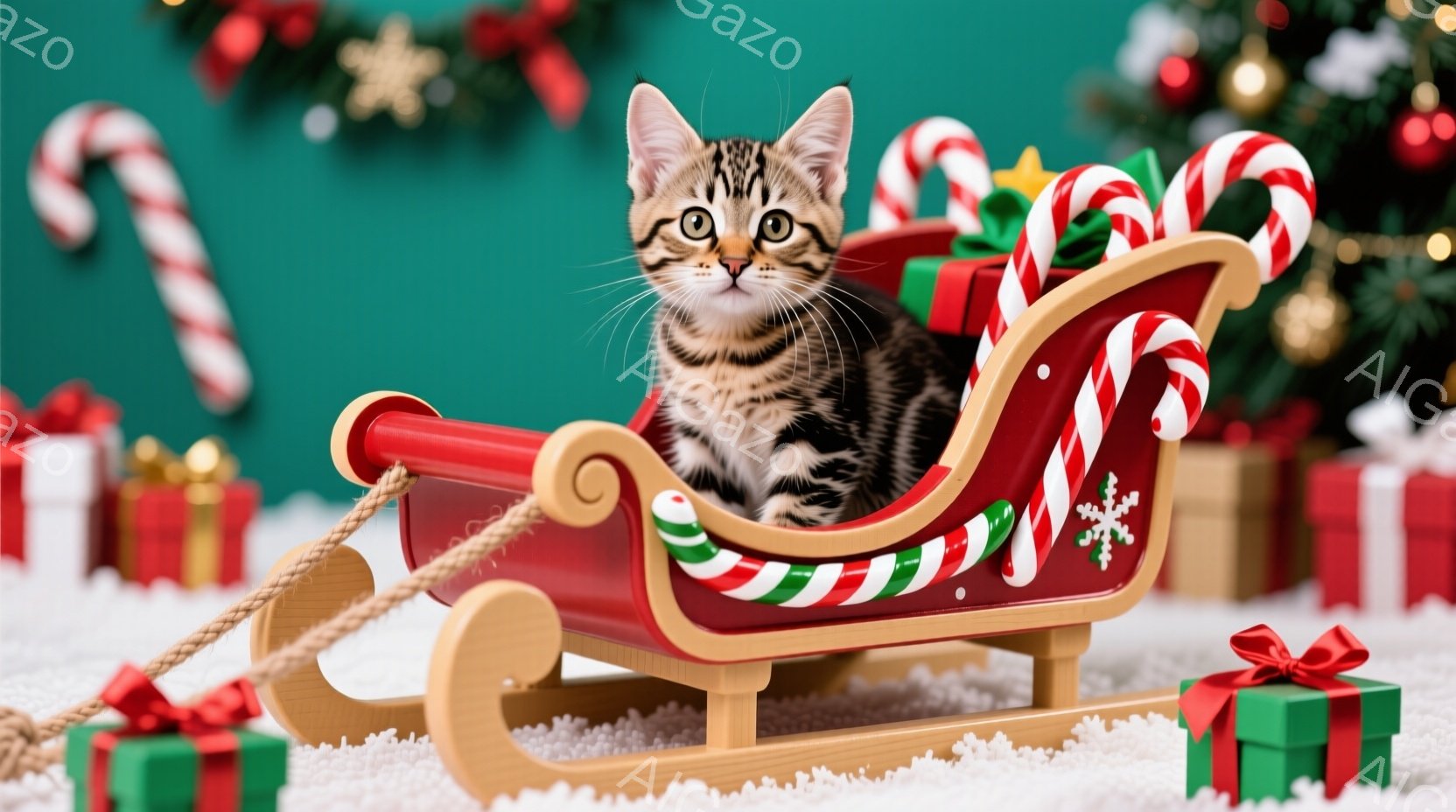 小さな縞模様の子猫が赤いそりに座っており、興味津々とした表情で正面を見ています。そりは装飾が施され、背景にはプレゼントボックスとクリスマスツリーの飾りが見え、雪が降っているような白い背景が広がっていま - AI生成フリー素材