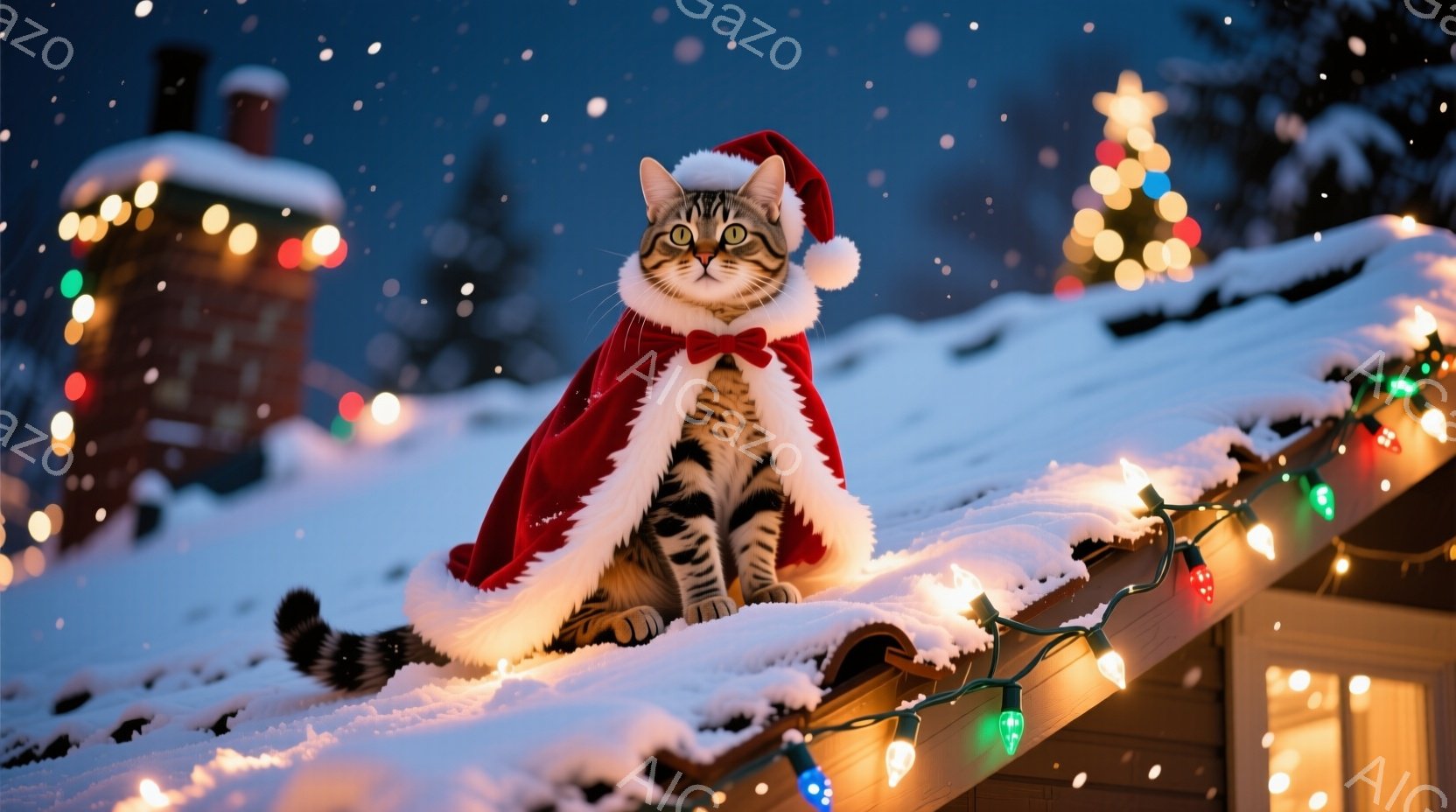 白い屋根の上に、サンタの帽子と赤いマントを身に着けた縞模様の猫が座っています。猫は少し誇らしげな表情で前方を向いており、雪景色とカラフルなイルミネーションが背景に広がっています。全体的に、冬の暖かく、 - AI生成フリー素材