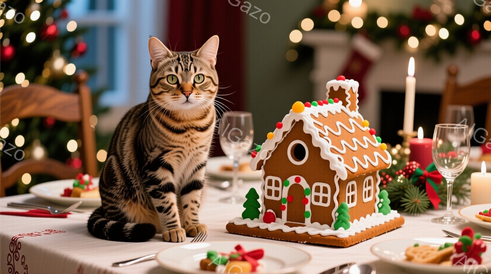 クリスマスのインテリアを持つダイニングルームで、中央に座った家猫が目立つ。髪型はショートカット、表情は興奮しているようで、人間の服装や姿勢も描かれている。 背景にはクリスマスに適した装飾が施されており、照明は落葉のような効果である。 全体として、家族のクリスマスパーティを楽しむ家猫が主題で、節目にふさわない明るさと豪華さが感じられる。