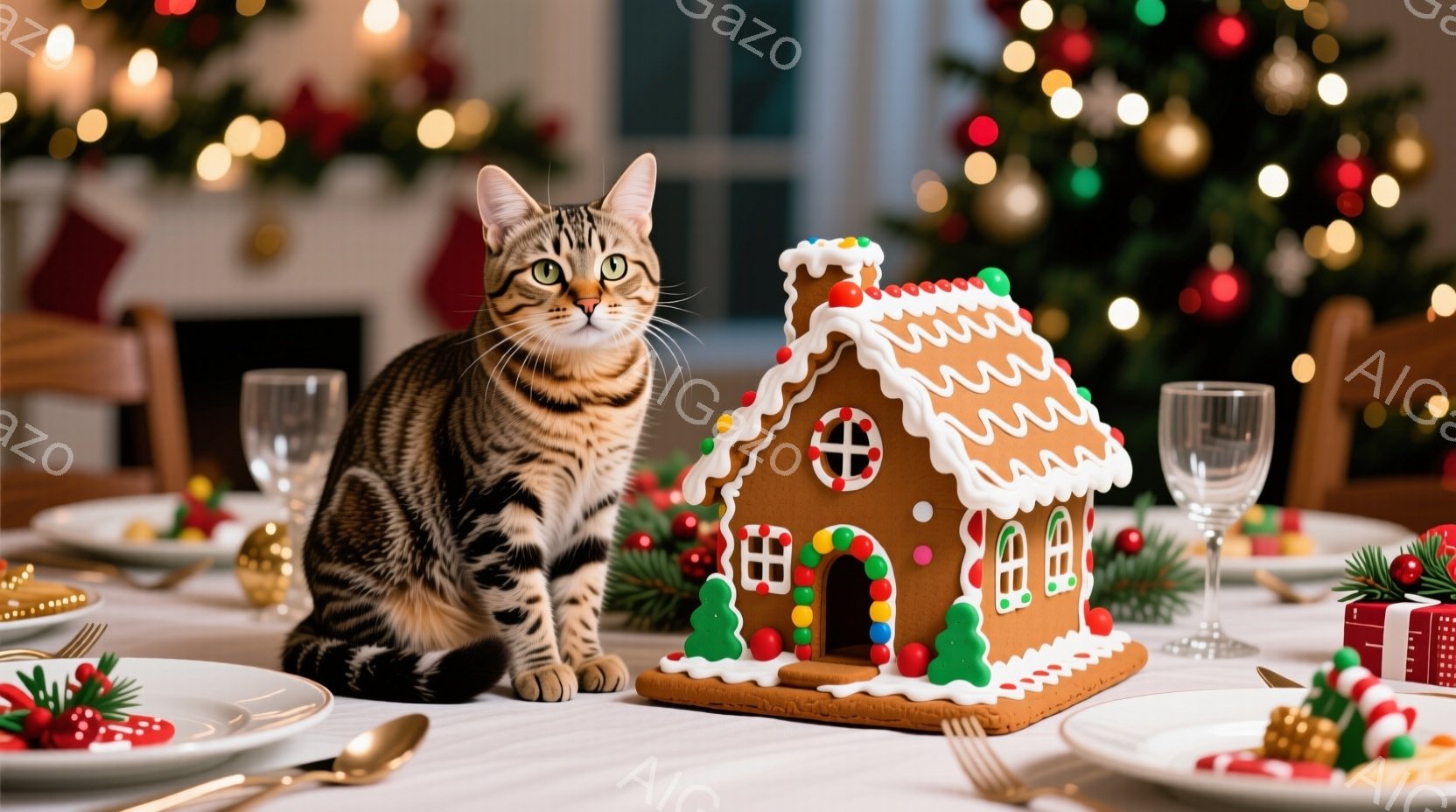 白地に黒い縞模様の猫が、クリスマスに飾り付けられたテーブルの上に座っています。テーブルにはジンジャーブレッドハウス、お皿、カトラリー、プレゼントが置かれており、背景にはぼやけたクリスマスツリーが見えま - AI生成フリー素材