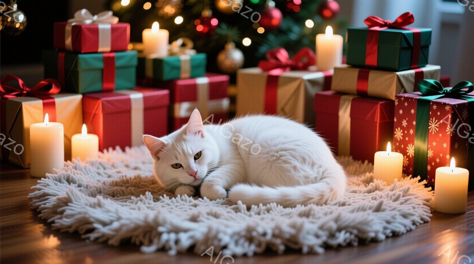 白い猫がふわふわの白い円形のラグの上に丸まって横たわっています。周囲には、赤と緑のリボンで飾られた複数のプレゼントボックスと、点灯したキャンドルが配置され、暖かく穏やかな雰囲気を作り出しています。背景 - AI生成フリー素材