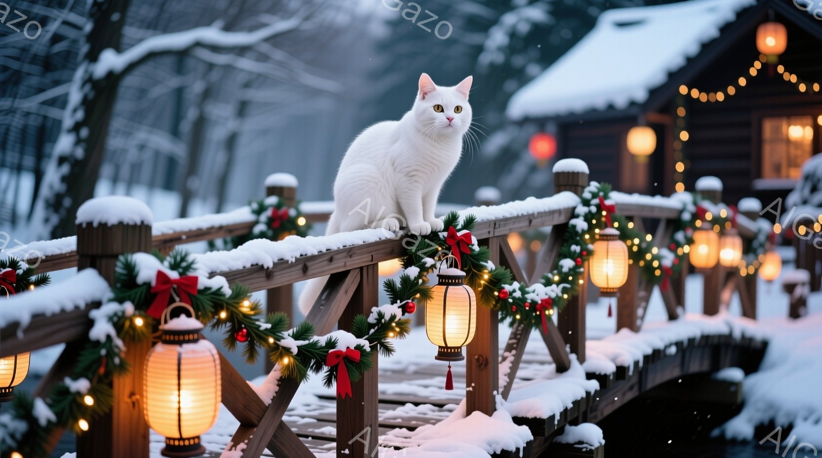 白い猫が雪で覆われた柵の上に座っており、鮮やかなエメラルドグリーンの目で見つめている。背景には、クリスマス飾りが施された小さな橋があり、暖かく光る提灯と雪に覆われた木々が冬の風景を彩っている。全体的に、穏やかで静謐な、クリスマスの雰囲気が漂う光景である。