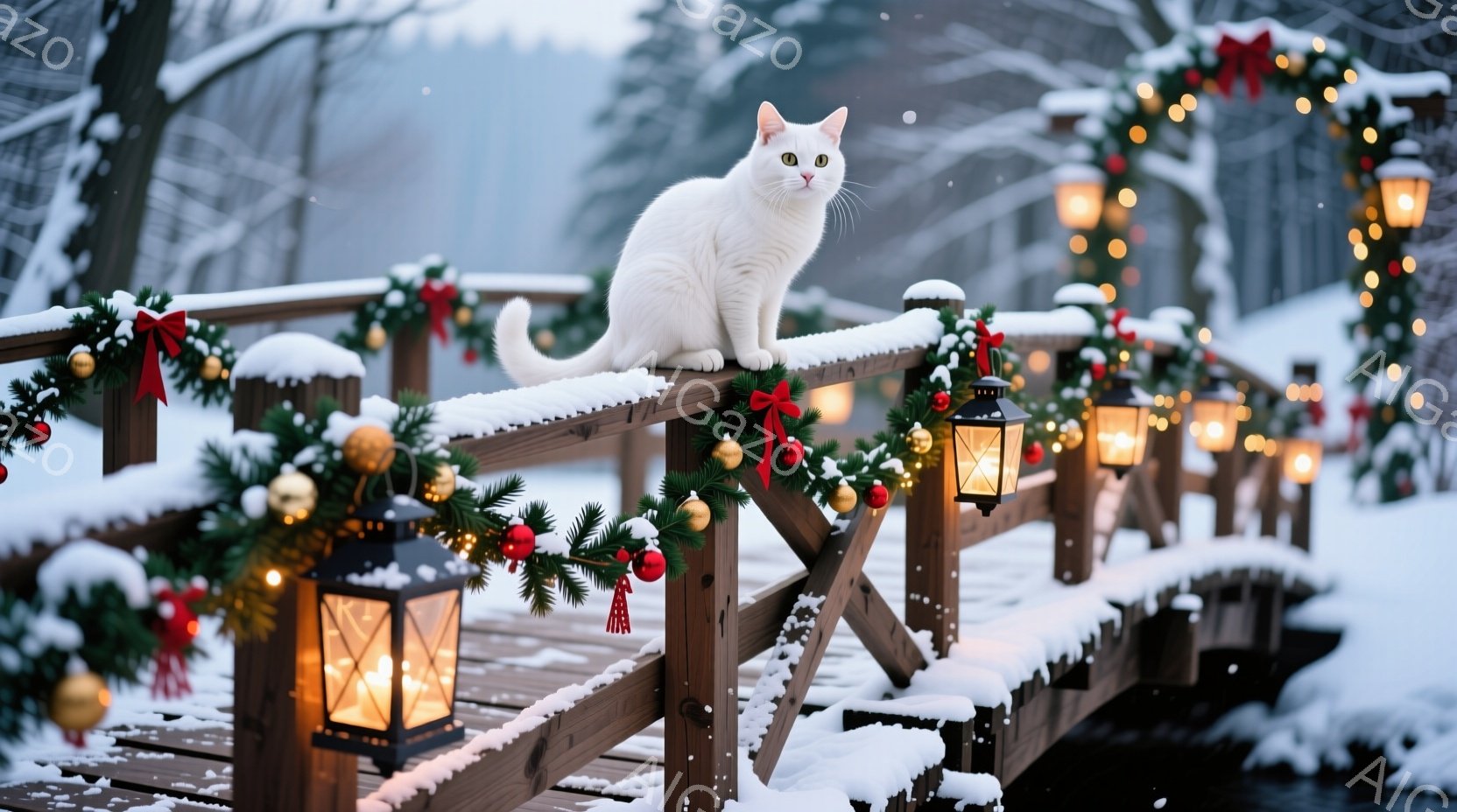 白い猫が、クリスマス装飾が施された木製の橋の上で座っています。橋の欄干には、赤い実のついた葉飾りや、灯りが灯ったランタンが並べられ、雪が降り積もっています。背景は雪景色で、冬の温かく幻想的な雰囲気が漂 - AI生成フリー素材