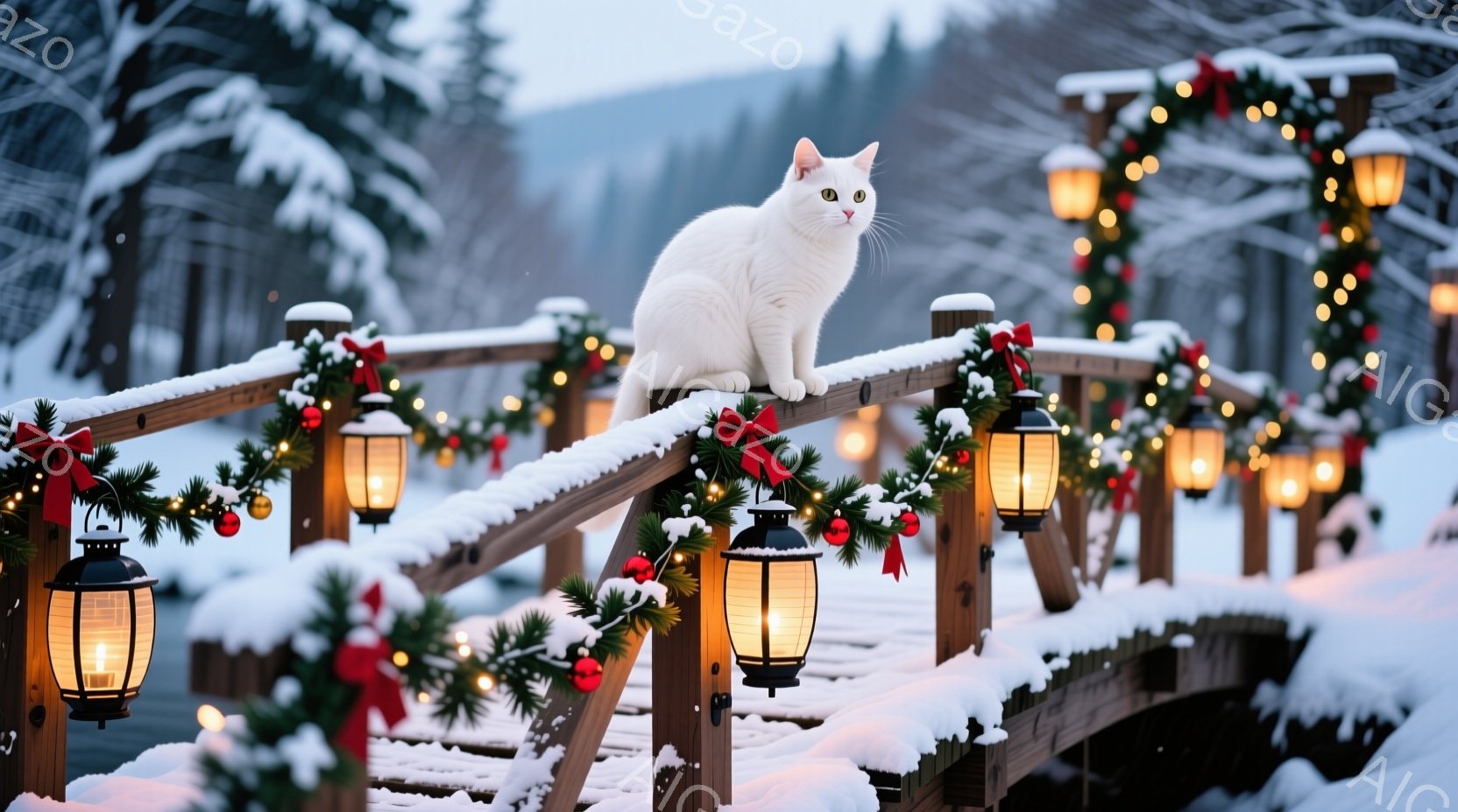 白い猫が雪に覆われた木の橋の上にとまっており、クリスマスの飾り付けが施された欄干が猫の周囲を取り囲んでいます。背景には雪で覆われた森林が広がり、暖かく柔らかい光が灯されたランタンが、冬の静けさの中に温 - AI生成フリー素材