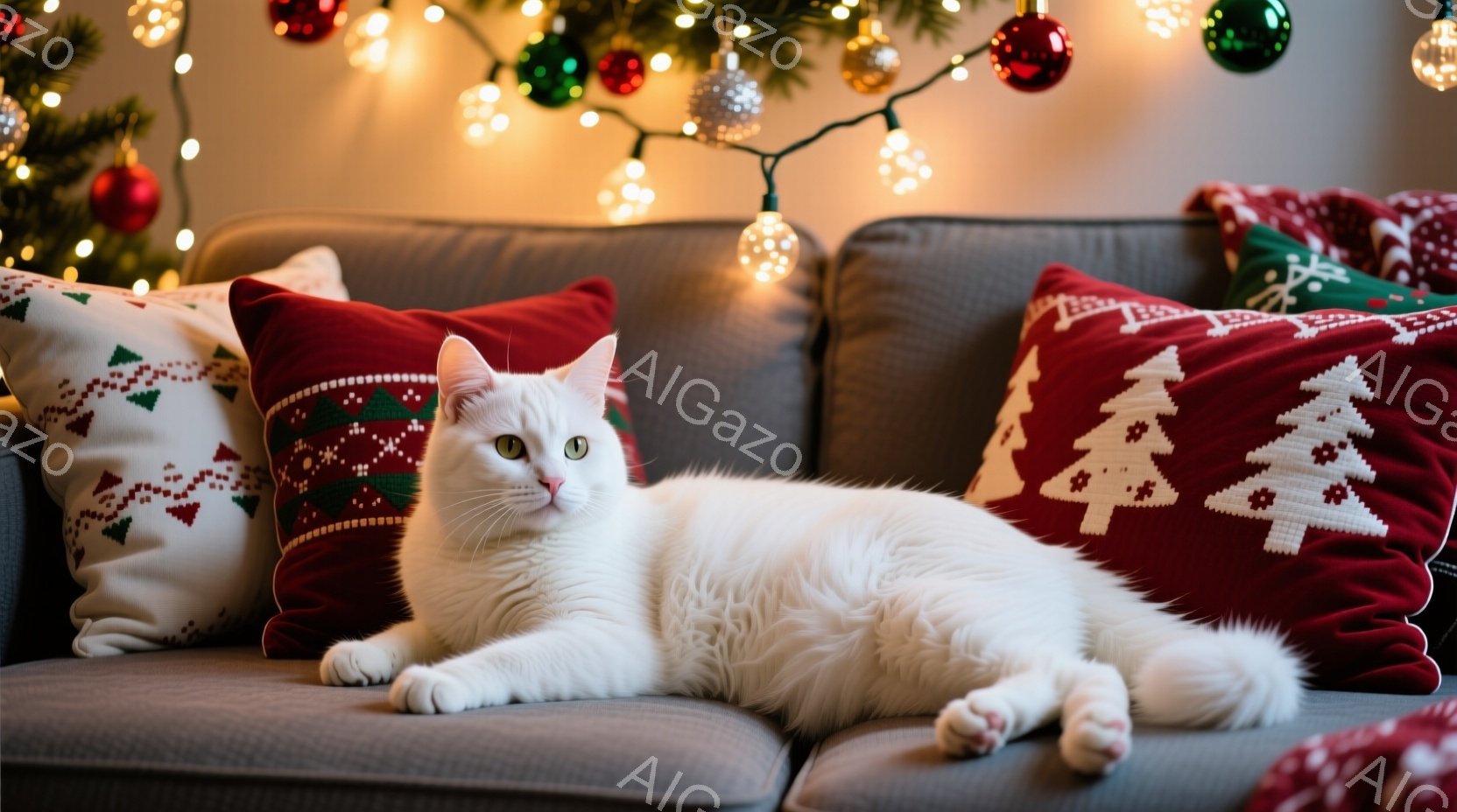 白い猫が灰色のソファに横たわっており、リラックスした表情でカメラを見つめています。背景には、クリスマスツリーの飾りと、赤と白のクリスマス柄のクッションが配置され、温かみのある冬の雰囲気が漂っています。 - AI生成フリー素材