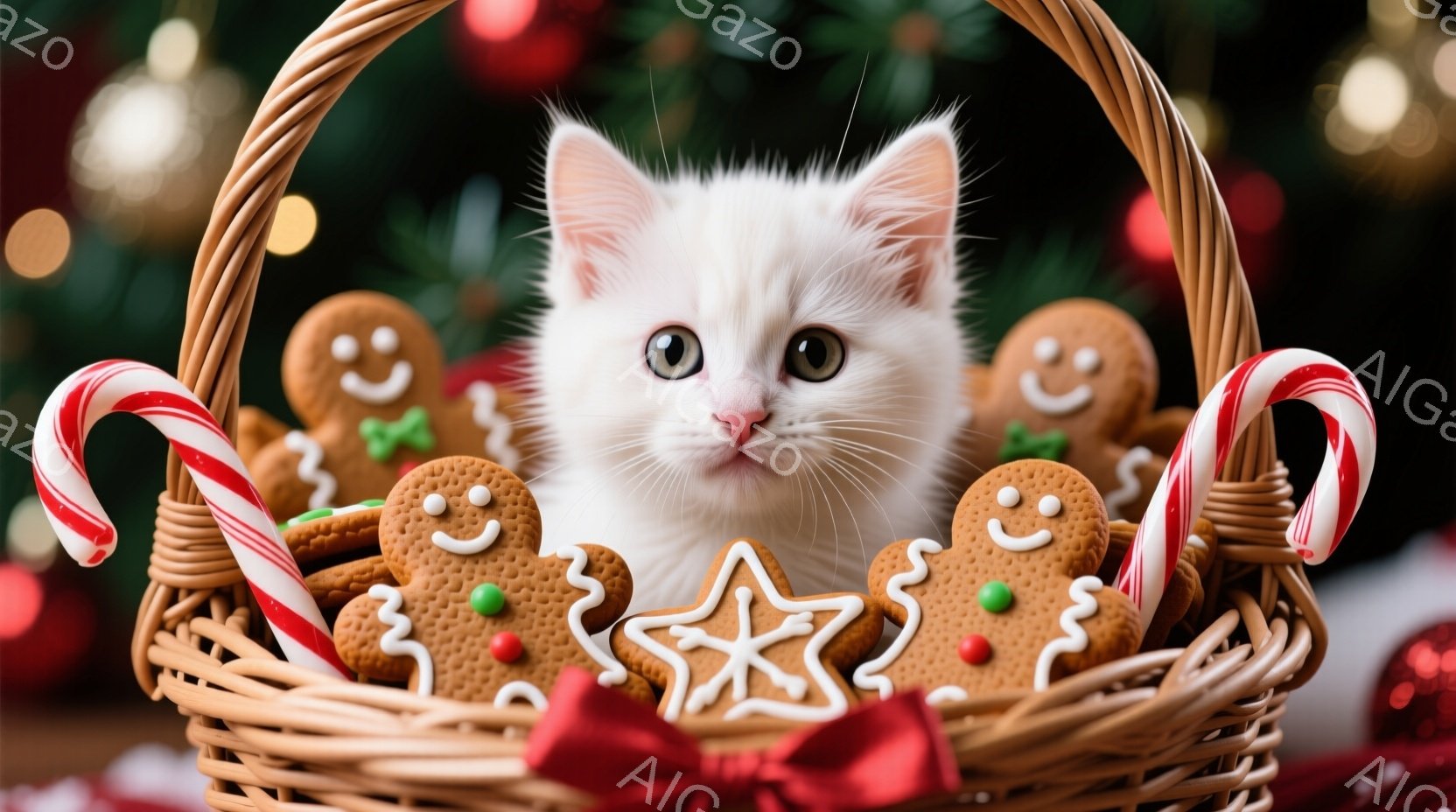 白い子猫が、ジンジャーブレッドマンやキャンディケーンで満たされた編み込みのバスケットの中に座っています。子猫は大きな瞳でカメラを見つめ、穏やかで無邪気な表情をしています。背景にはぼやけたクリスマスツリーの飾りが見え、暖かくお祝いムードに満ちた雰囲気です。