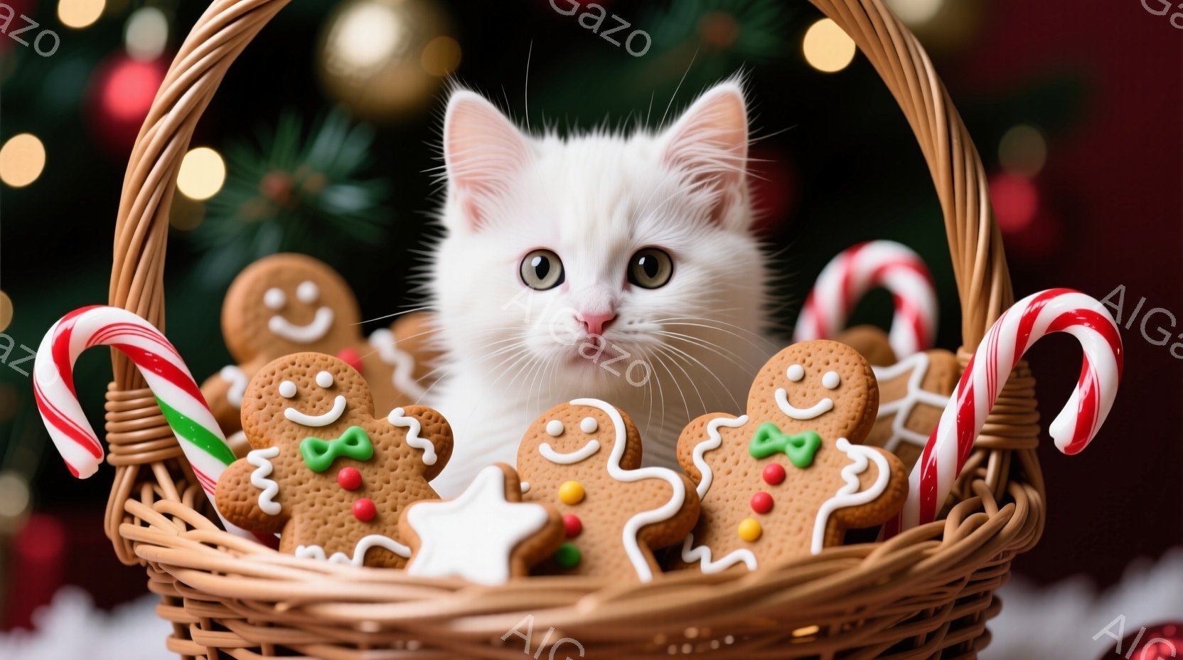 白い子猫が、ジンジャーブレッドマンとキャンディケーンに囲まれた籐のバスケットの中に座っています。子猫は正面を見つめ、丸い目で好奇心旺盛な表情をしています。背景はぼやけたクリスマス装飾で、温かくお祝いの雰囲気を醸し出しています。
