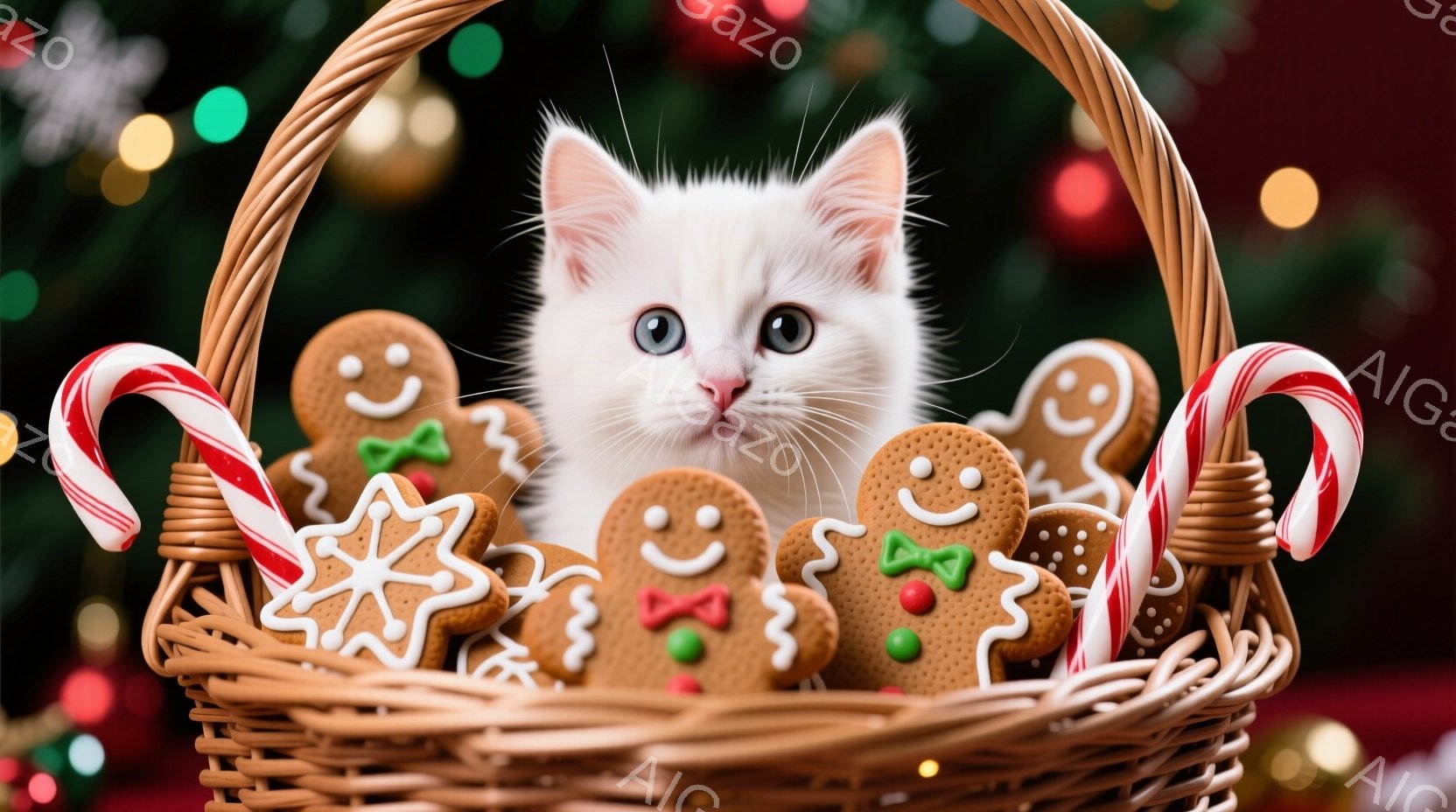 白い子猫が、クリスマスらしい籐のバスケットの中に座っており、周りにはジンジャーブレッドマンやキャンディケーンが置かれています。子猫は大きな青い瞳でカメラを見つめており、可愛らしい表情をしています。背景はぼかされた緑と金色の光で、お祝いの雰囲気を醸し出しています。