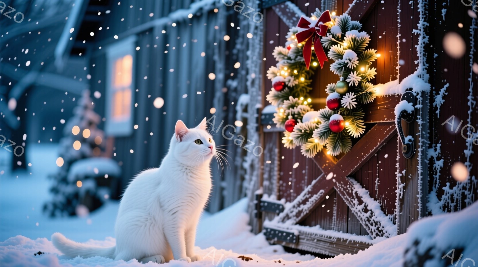 白い猫が雪に覆われた茶色の木製ドアの前に座り、どこかを見つめています。ドアにはクリスマスリースが飾られ、雪が舞い散る冬の景色が広がっています。暖かな光がリースから差し込み、静かで穏やかなクリスマスの雰 - AI生成フリー素材
