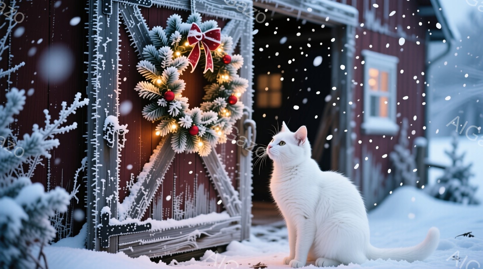 白い猫が赤い木造の納屋の前に座っており、納屋の扉にはクリスマスリースが飾られています。雪が降り積もり、背景には木々が見え、全体的に静かで温かい冬の雰囲気が漂っています。猫は上を見つめており、その表情はどこか物思いにふけっているようです。