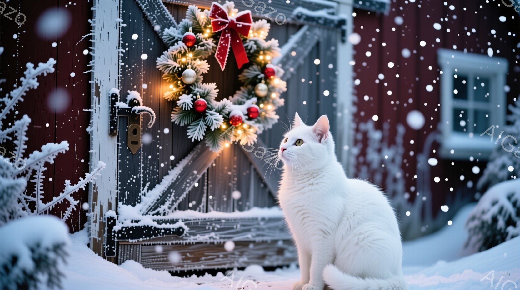 白い猫が雪に覆われた赤い木造の建物の前に座っており、正面にはクリスマスリースが飾られています。猫は少し上を見つめ、好奇心と穏やかさのある表情を浮かべています。背景は雪景色で、雪片が舞っており、クリスマ - AI生成フリー素材