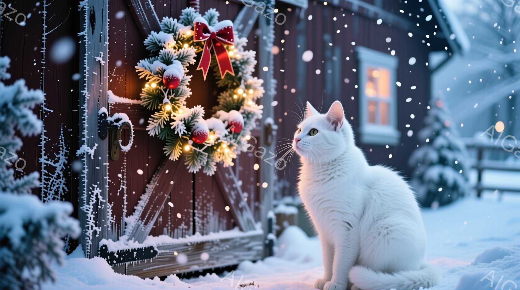 白い猫が雪に覆われた赤い木製のドアの前に座り、何かをじっと見つめています。ドアにはクリスマスリースが飾られており、暖かい光が灯っています。背景には雪に覆われた建物があり、雪が舞い散る冬の穏やかな雰囲気 - AI生成フリー素材